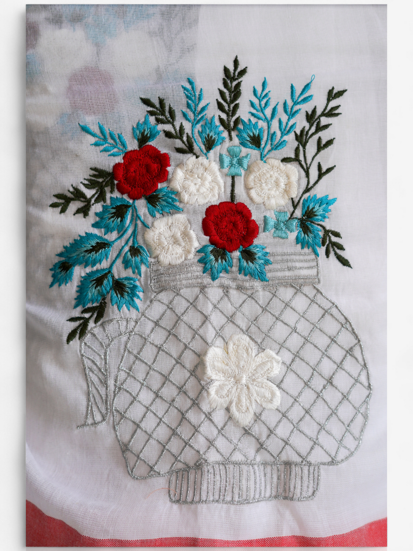Thread Art Vase – Ready-to-Wear Pocket Saree with Floral Embroidery - Kozylook