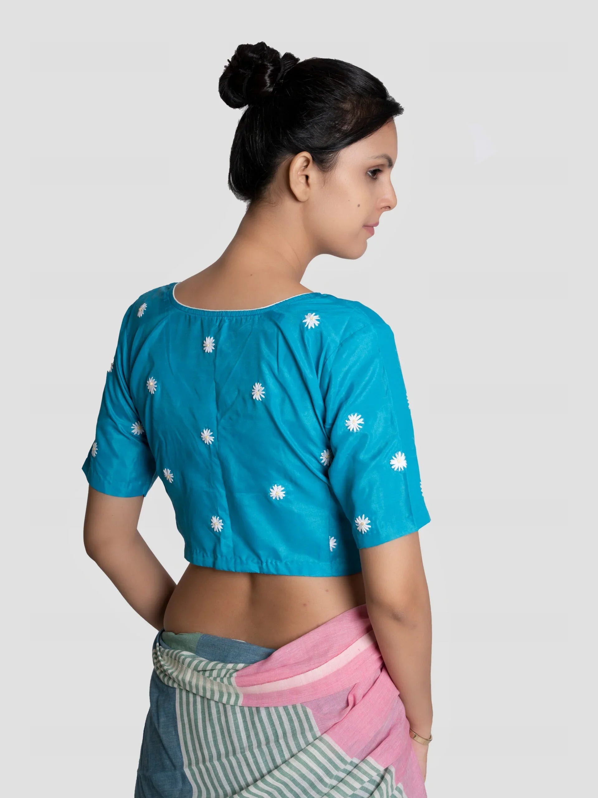 🎁 Blooming Blooms – Blue Cotton Silk Hand Embroidered Blouse (Non-Padded) (100% off) - Kozylook