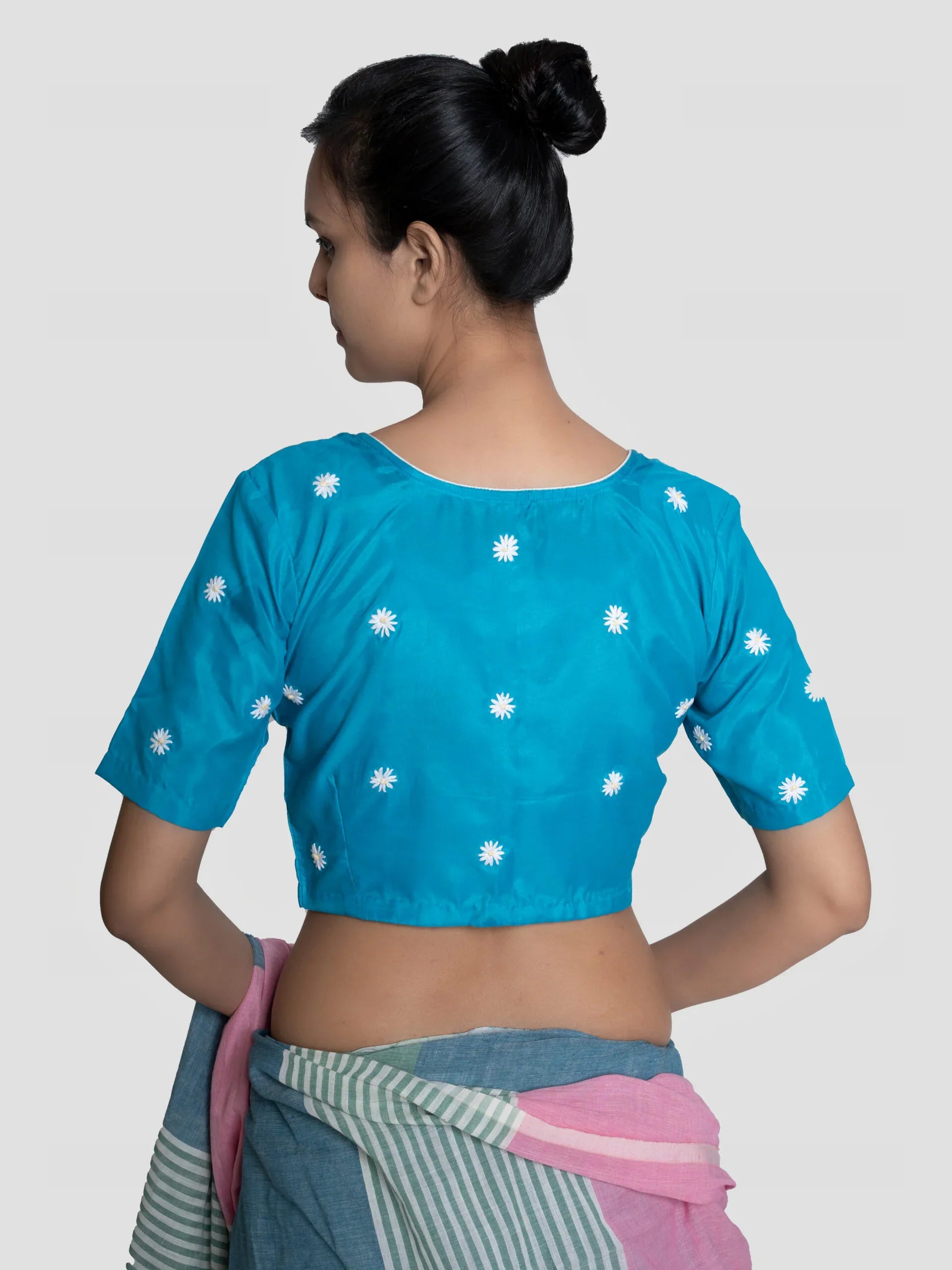 Blooming Blooms – Blue Cotton Silk Hand Embroidered Blouse (Non-Padded) - Kozylook