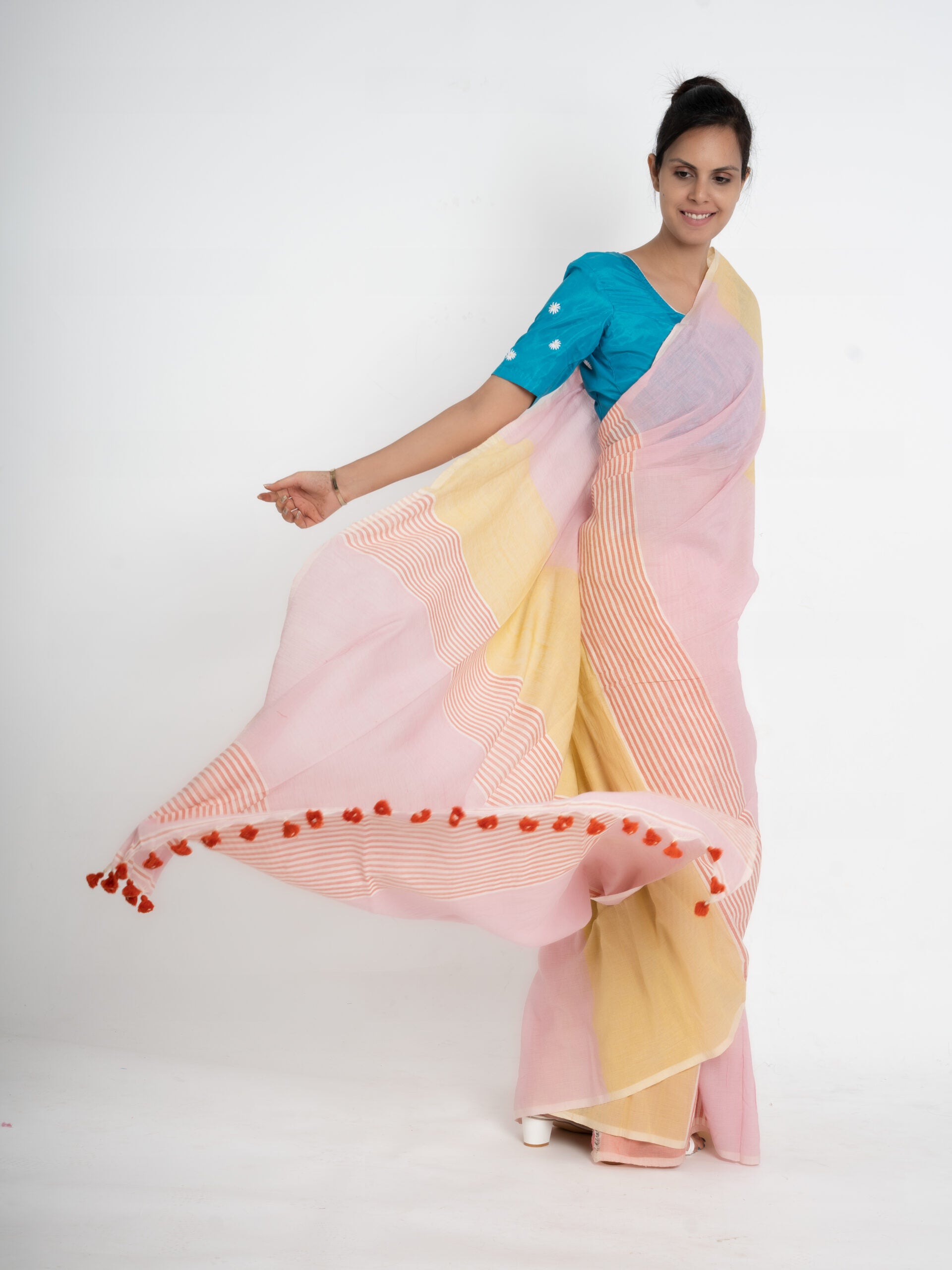 Unchained Dreams – Handwoven Linen Saree with Vibrant Embroidery - Kozylook