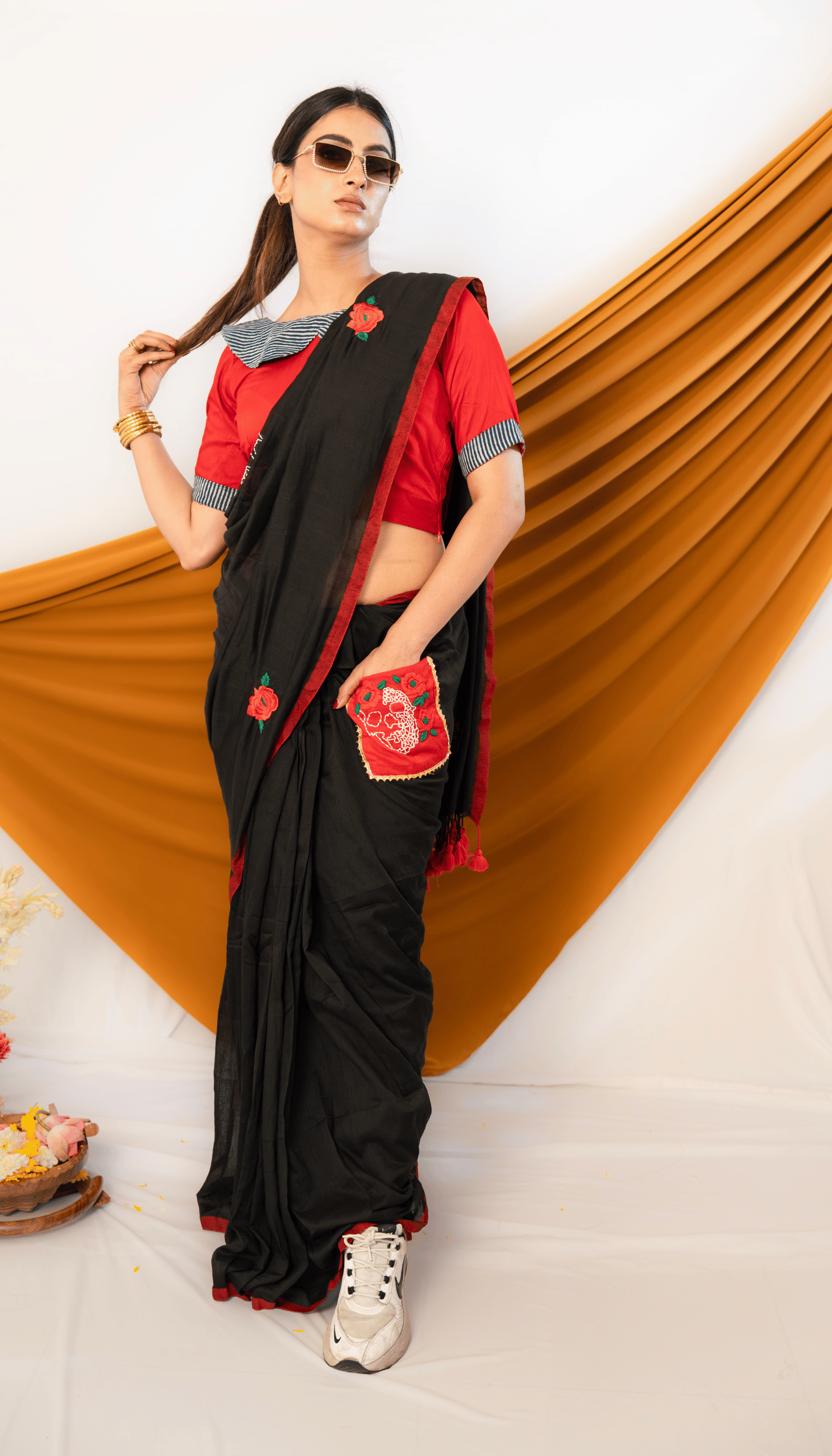 Rogue Bloom – Khadi Cotton Saree with Devil Skull & Red Rose Motifs - Kozylook
