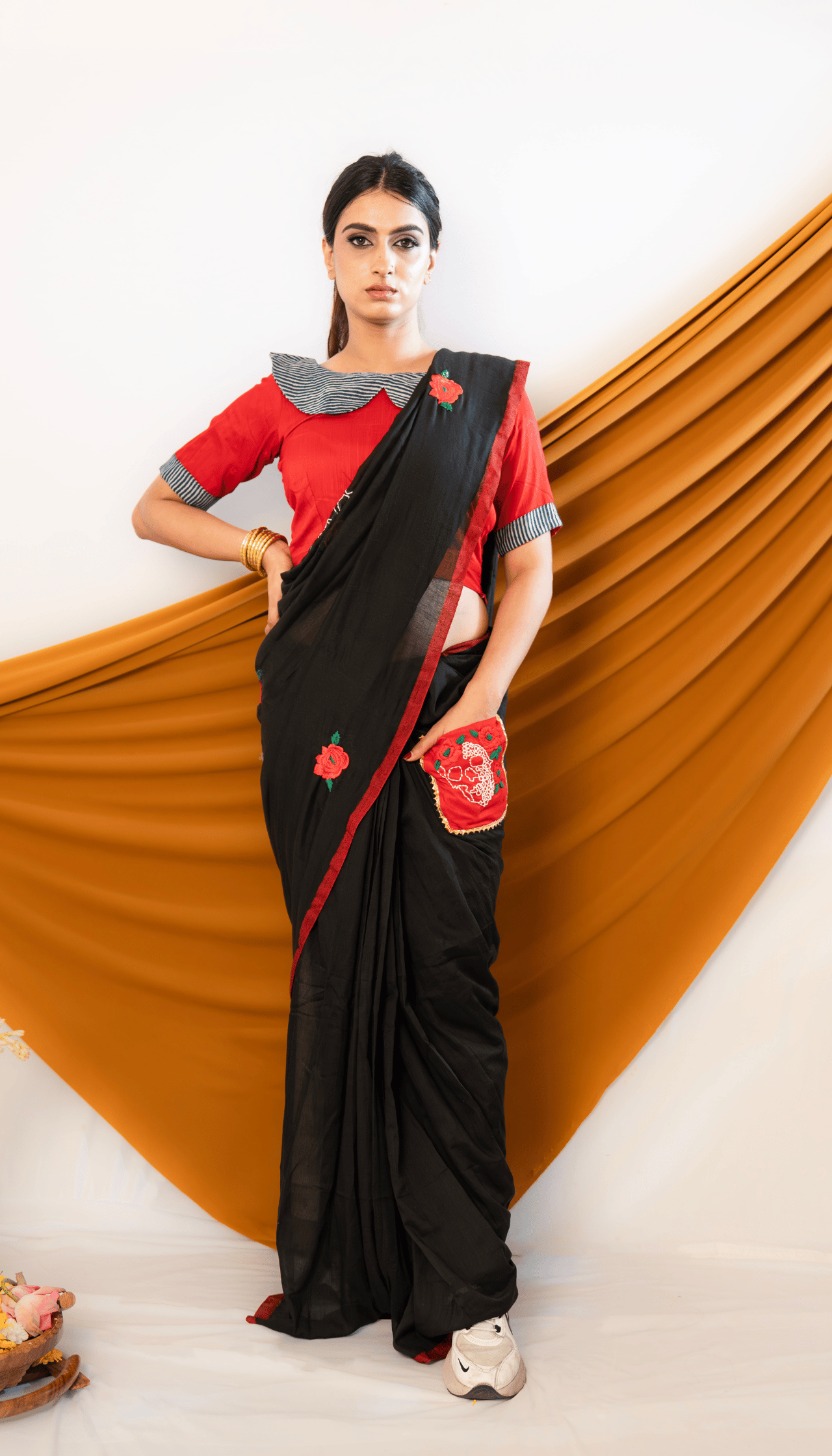 Rogue Bloom – Khadi Cotton Saree with Devil Skull & Red Rose Motifs - Kozylook