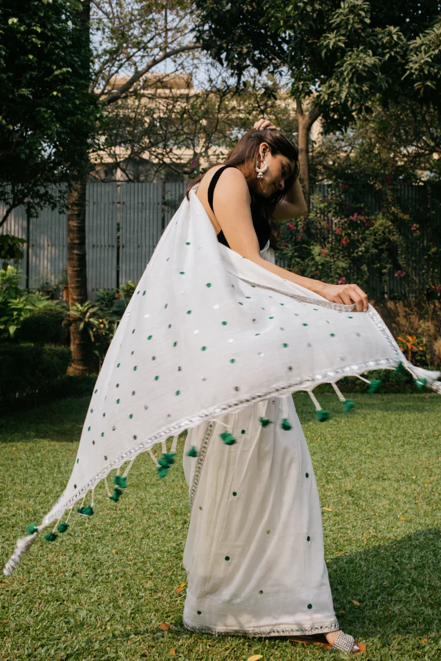 Evergreen Polkadot – Handwoven Saree with Polka Dot & Sequin Embroidery - Kozylook