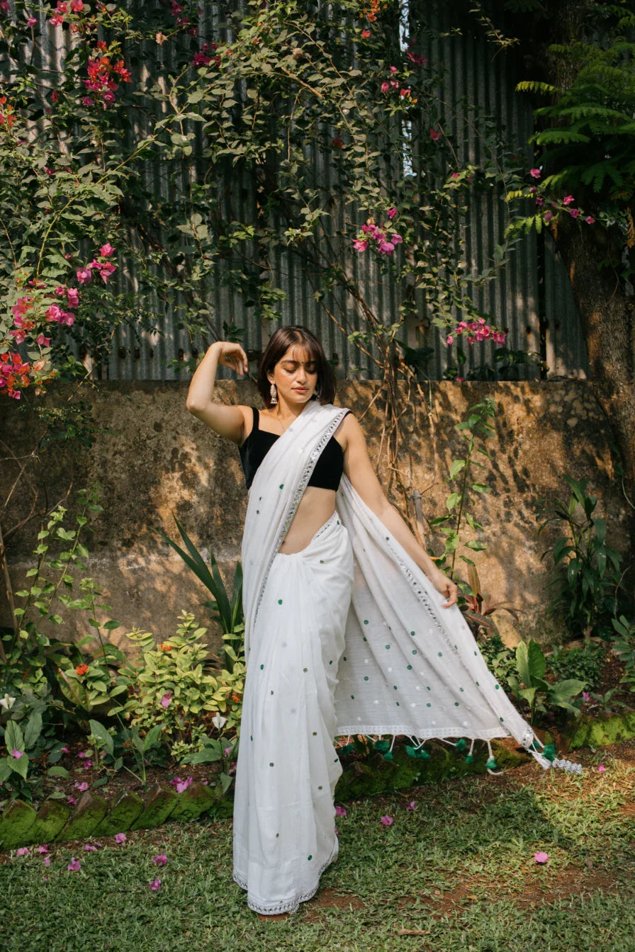 Evergreen Polkadot – Handwoven Saree with Polka Dot & Sequin Embroidery - Kozylook