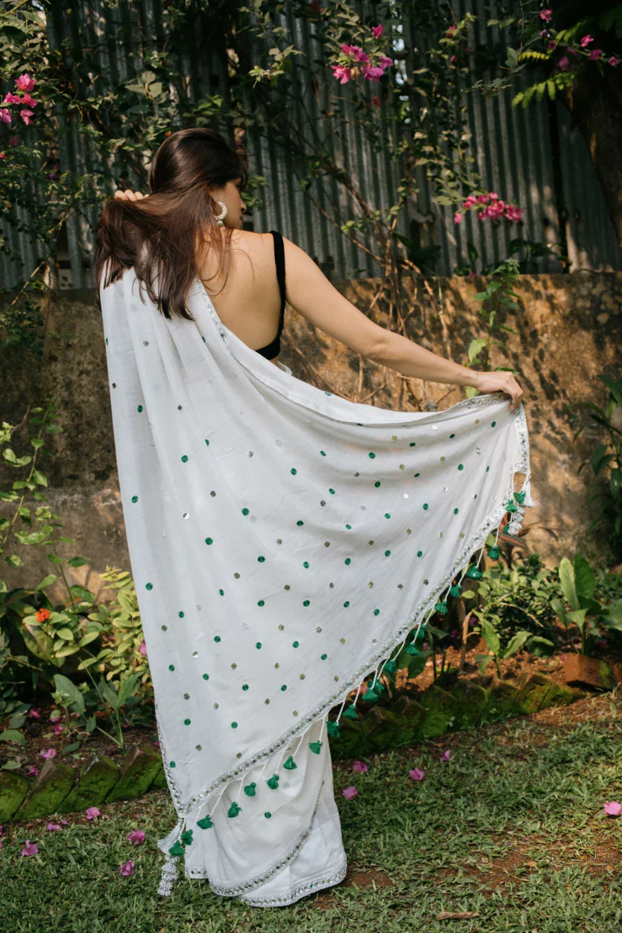 Evergreen Polkadot – Handwoven Saree with Polka Dot & Sequin Embroidery - Kozylook