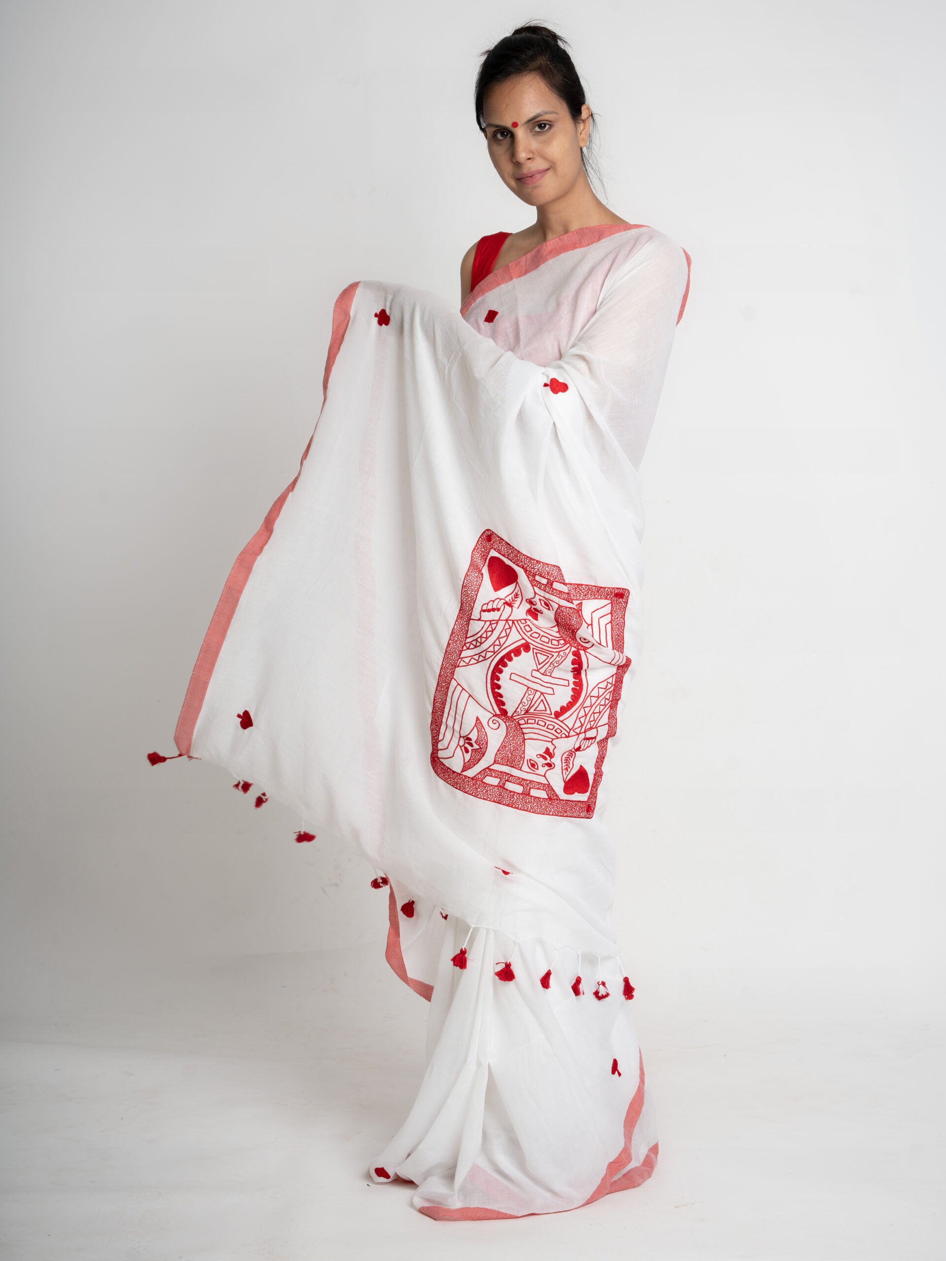 Immense Immunity – Red & White Handwoven Mulmul Saree with Intricate Embroidery - Kozylook