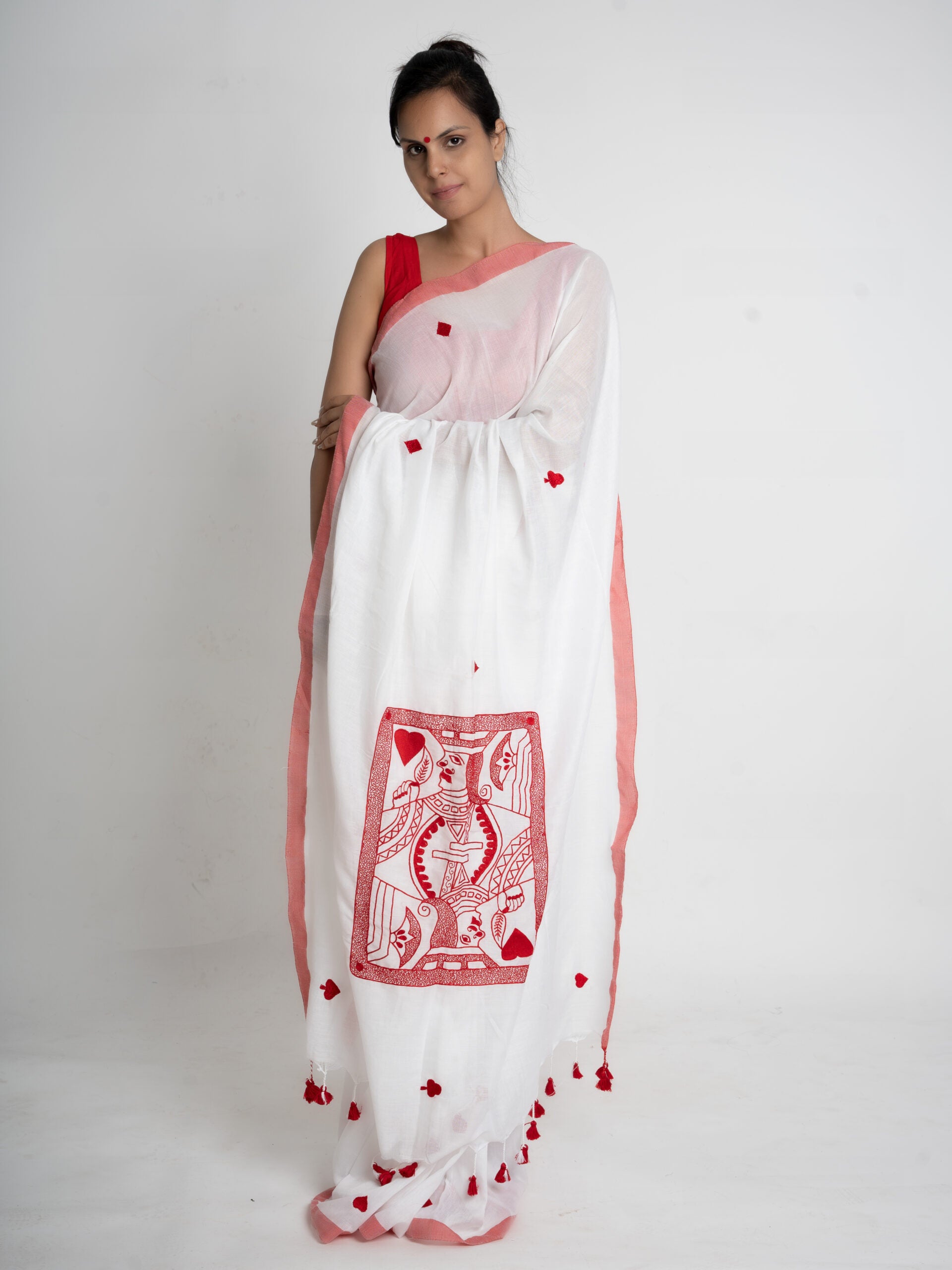 Immense Immunity – Red & White Handwoven Mulmul Saree with Intricate Embroidery - Kozylook
