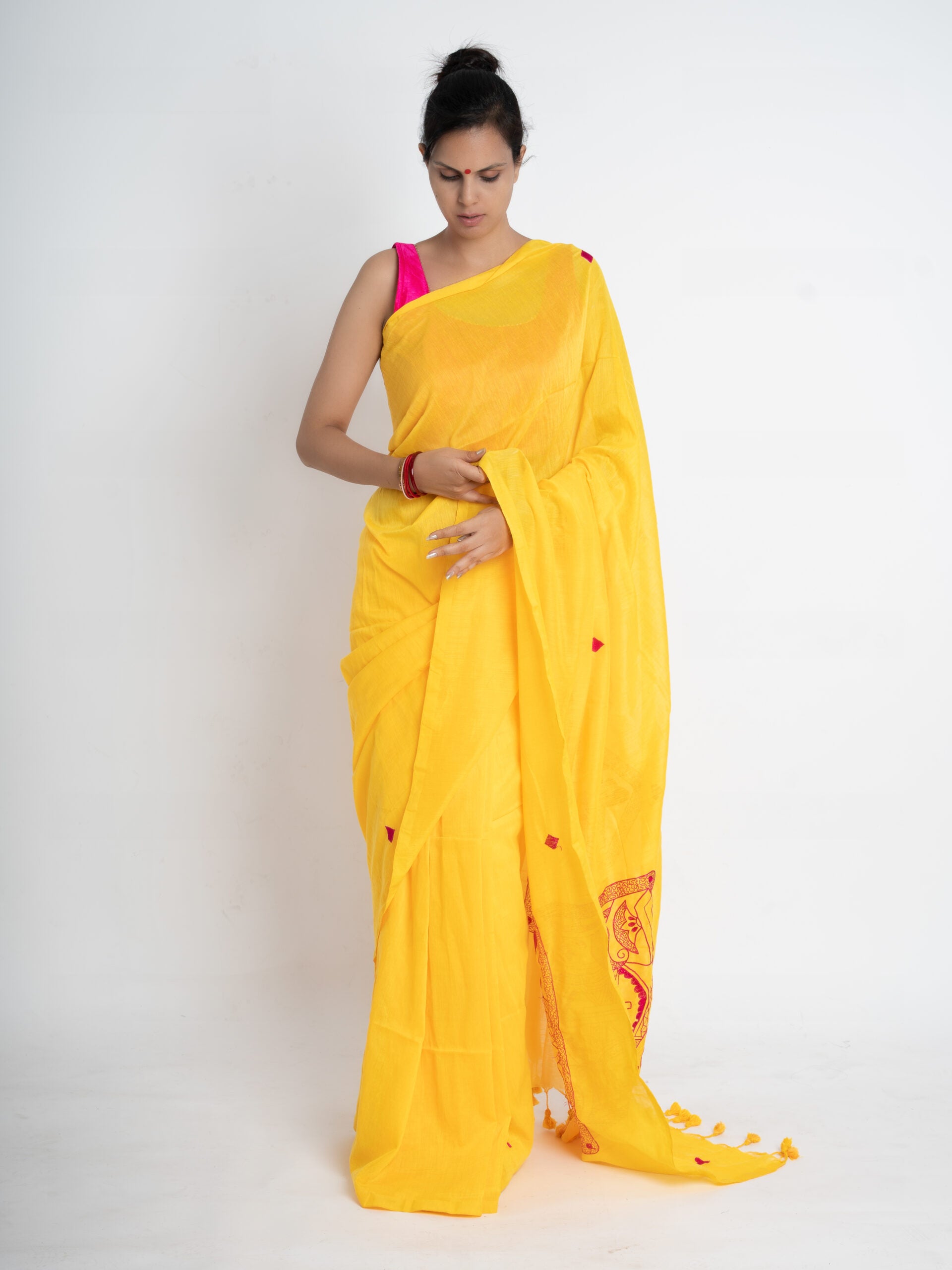 Playfulness with Colors – Hand Embroidered Mulmul Saree - Kozylook