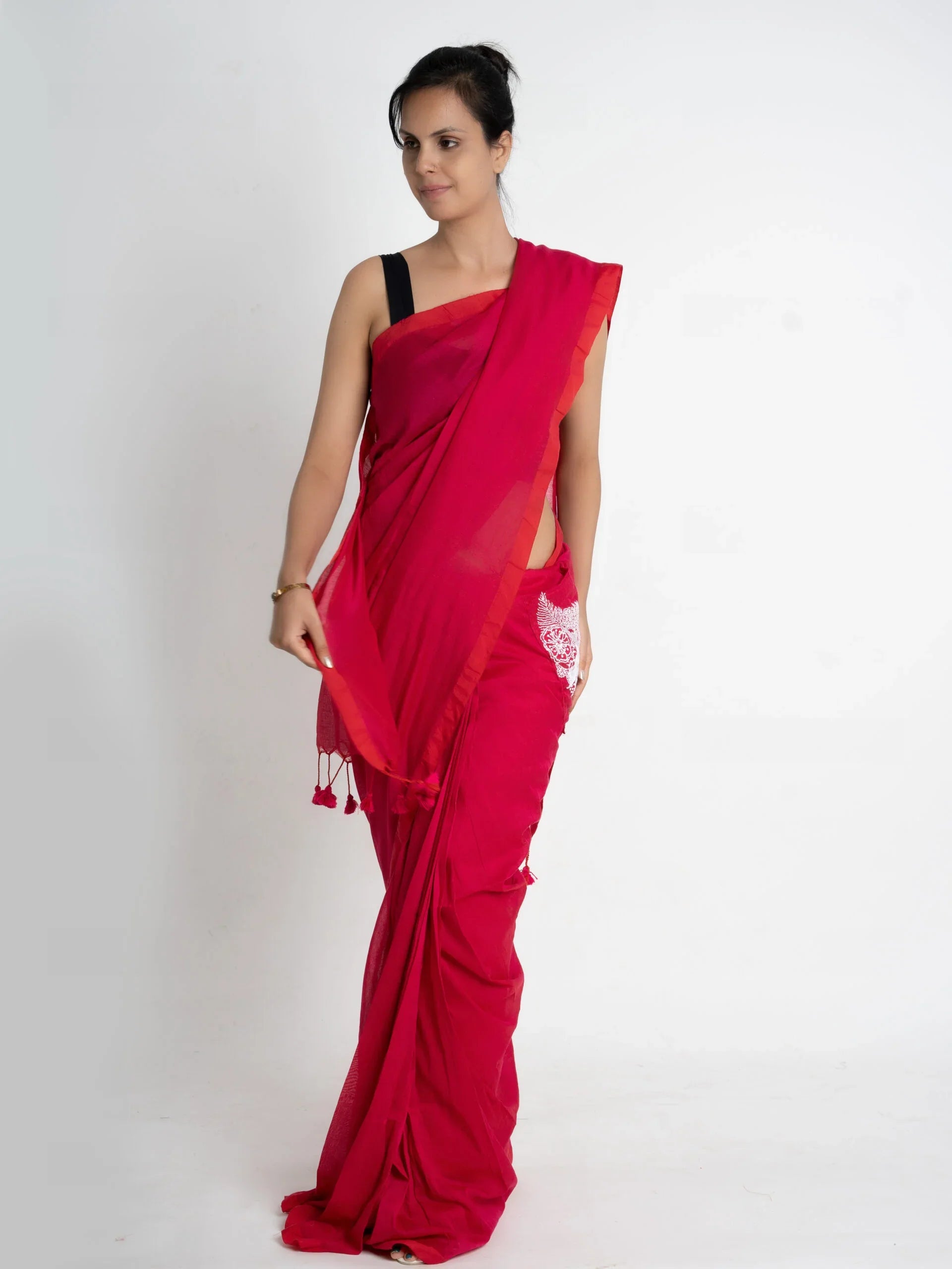 Beauty Beholds – Pre-Stitched Linen Saree with Leafy Pocket & Sequin Embroidery - Kozylook