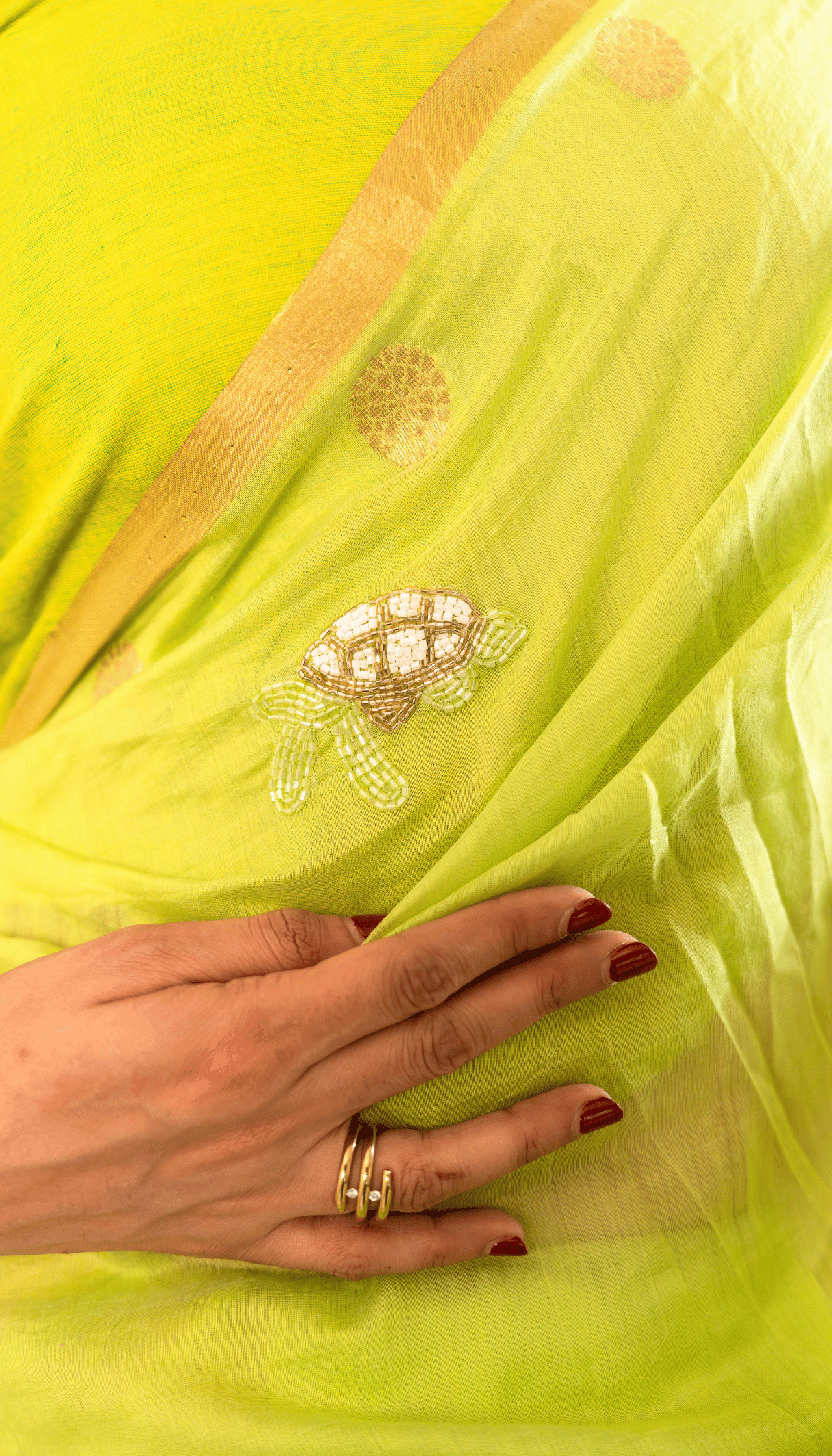 Turtle Threads – Chanderi Cotton Silk Saree with Sequin Turtle Motifs - Kozylook