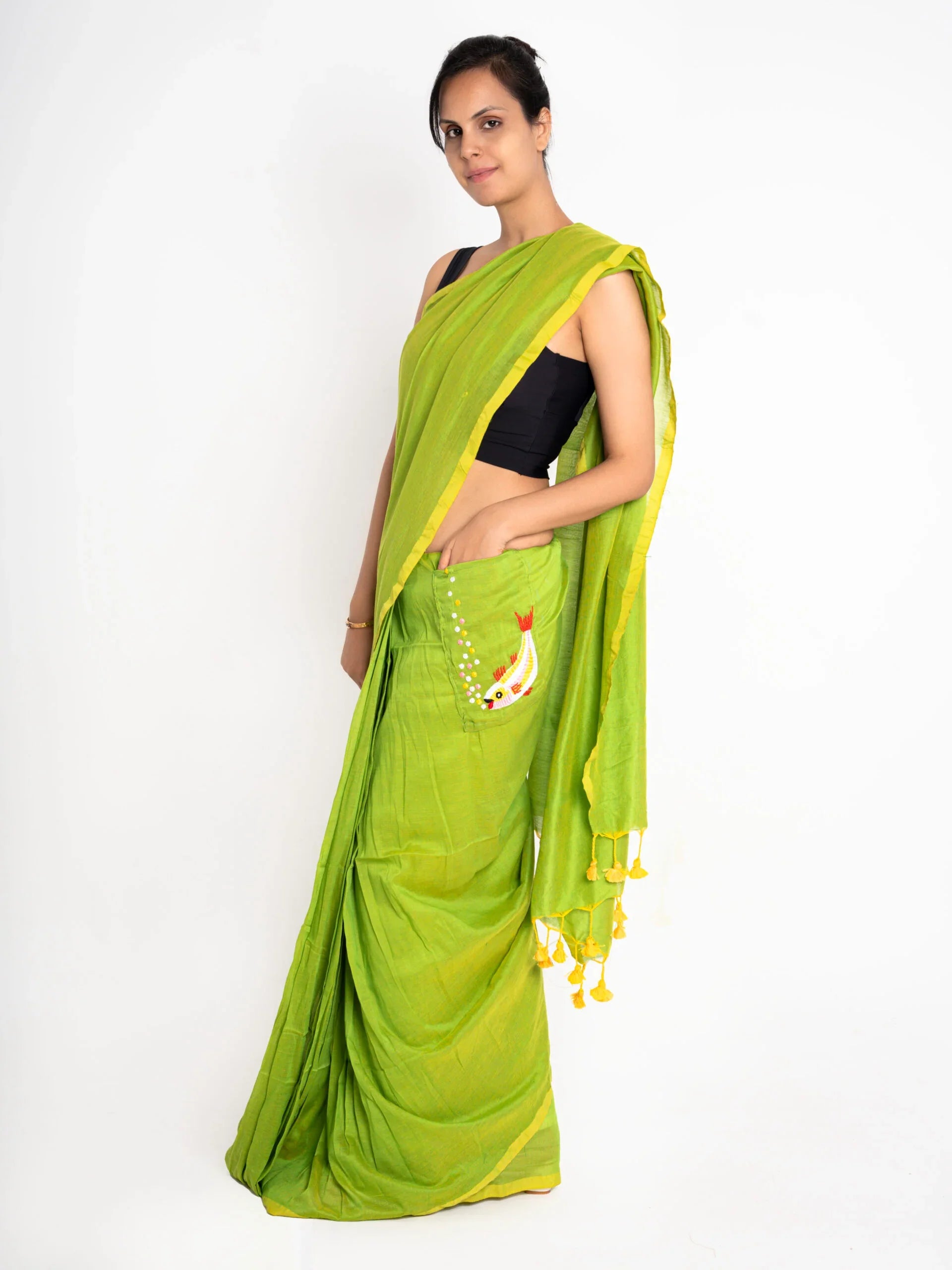 Fish in a Greenland – Ready to Wear Pocket Saree with Fish Embroidery - Kozylook