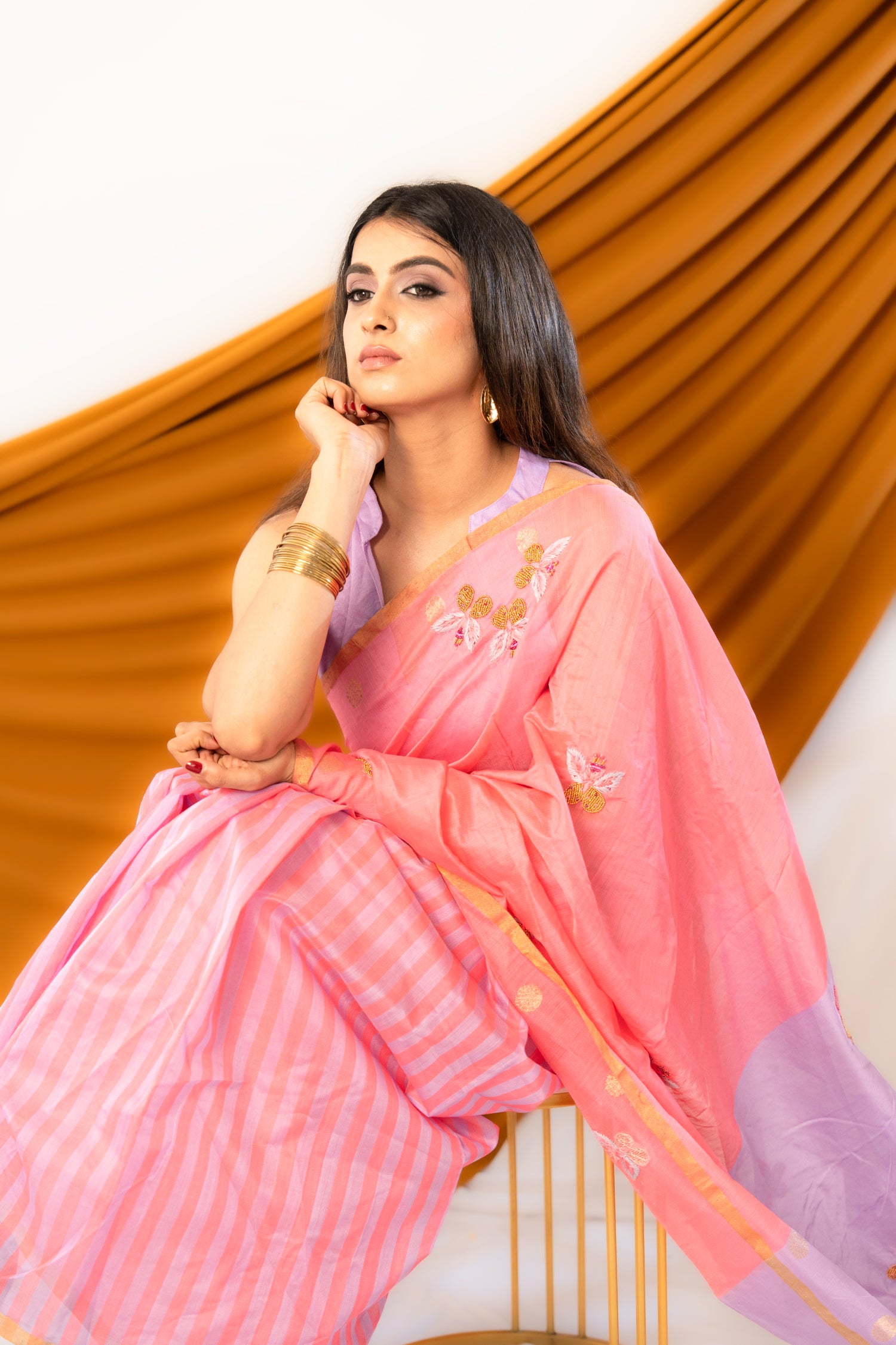 Butterfly Whispers – Chanderi Cotton Silk Saree with Sequin Butterfly Motifs - Kozylook