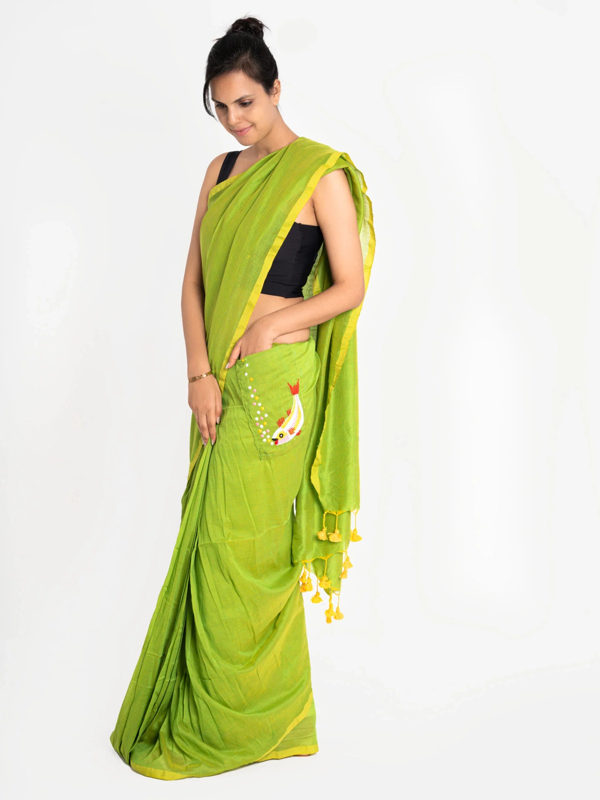 Fish in a Greenland – Ready to Wear Pocket Saree with Fish Embroidery - Kozylook