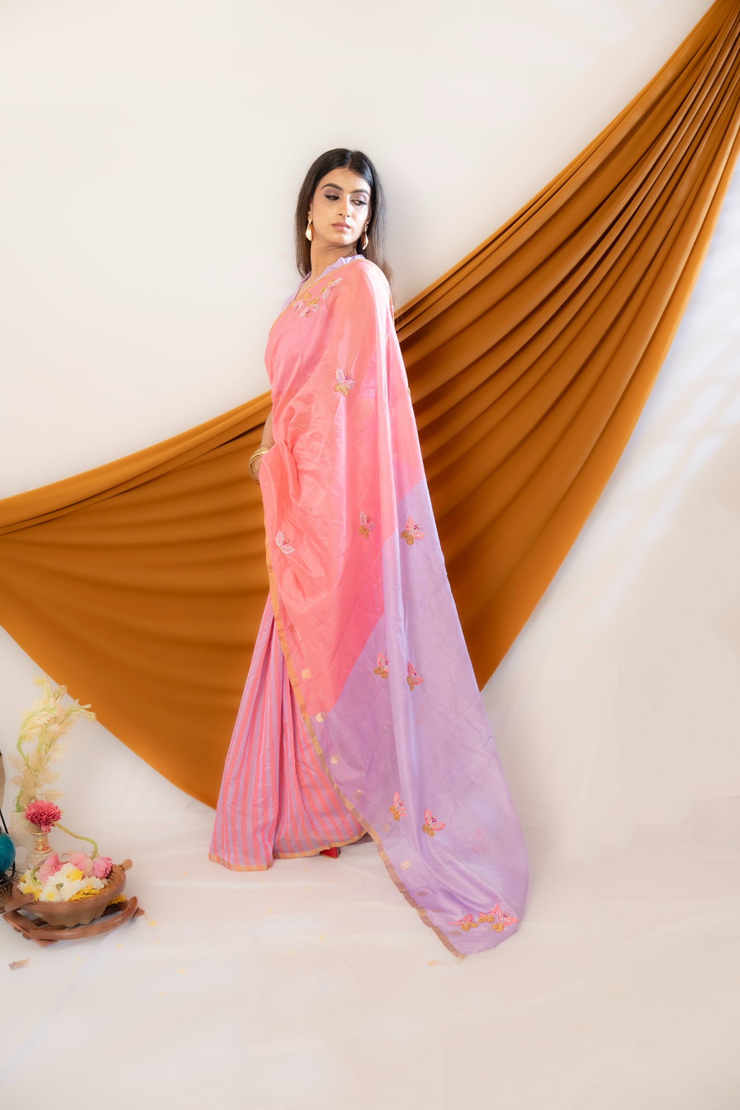 Butterfly Whispers – Chanderi Cotton Silk Saree with Sequin Butterfly Motifs - Kozylook