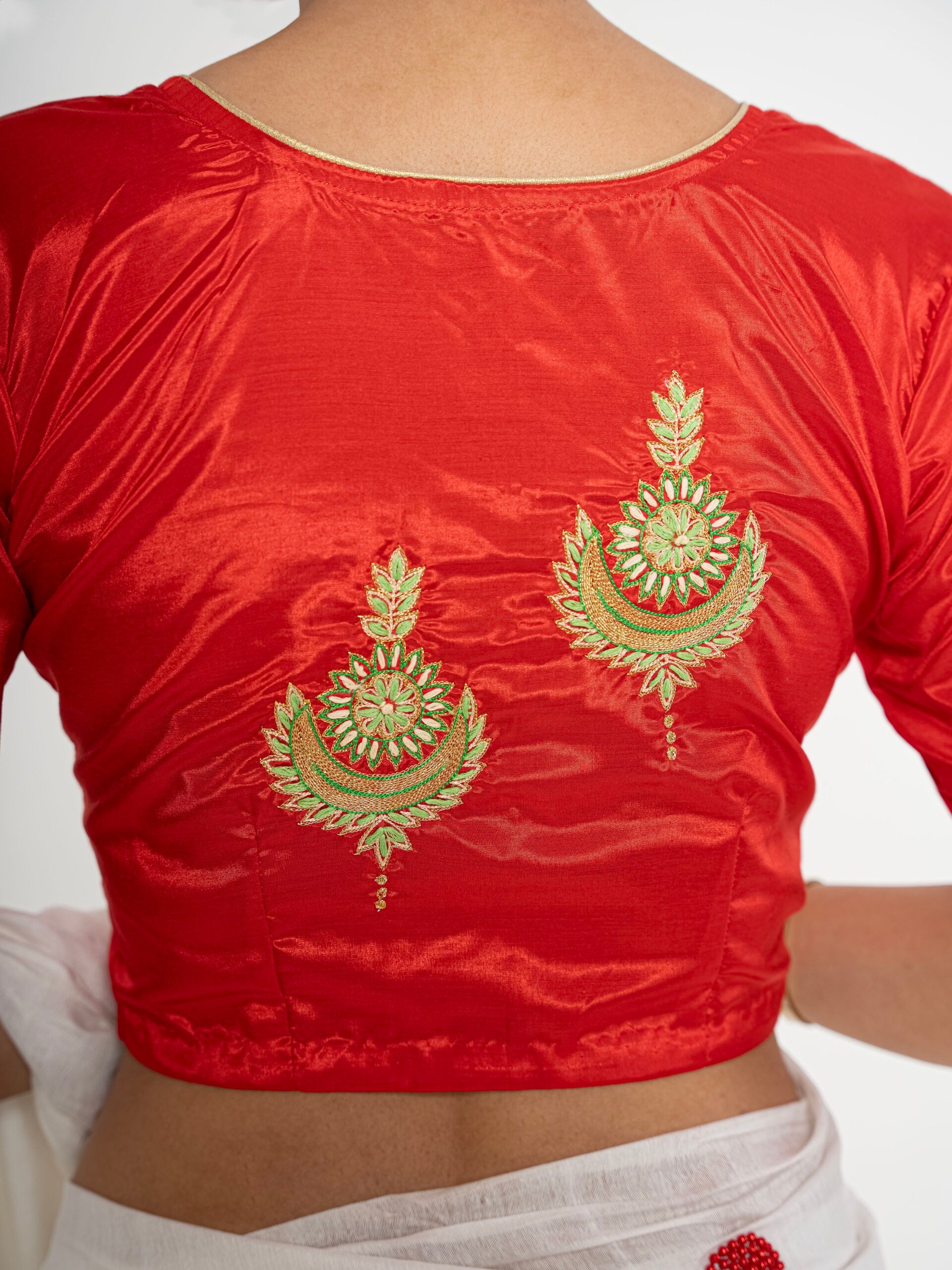 🎁 Jhumka – Red Silk Hand Embroidered Blouse (Non-Padded) (100% off) - Kozylook