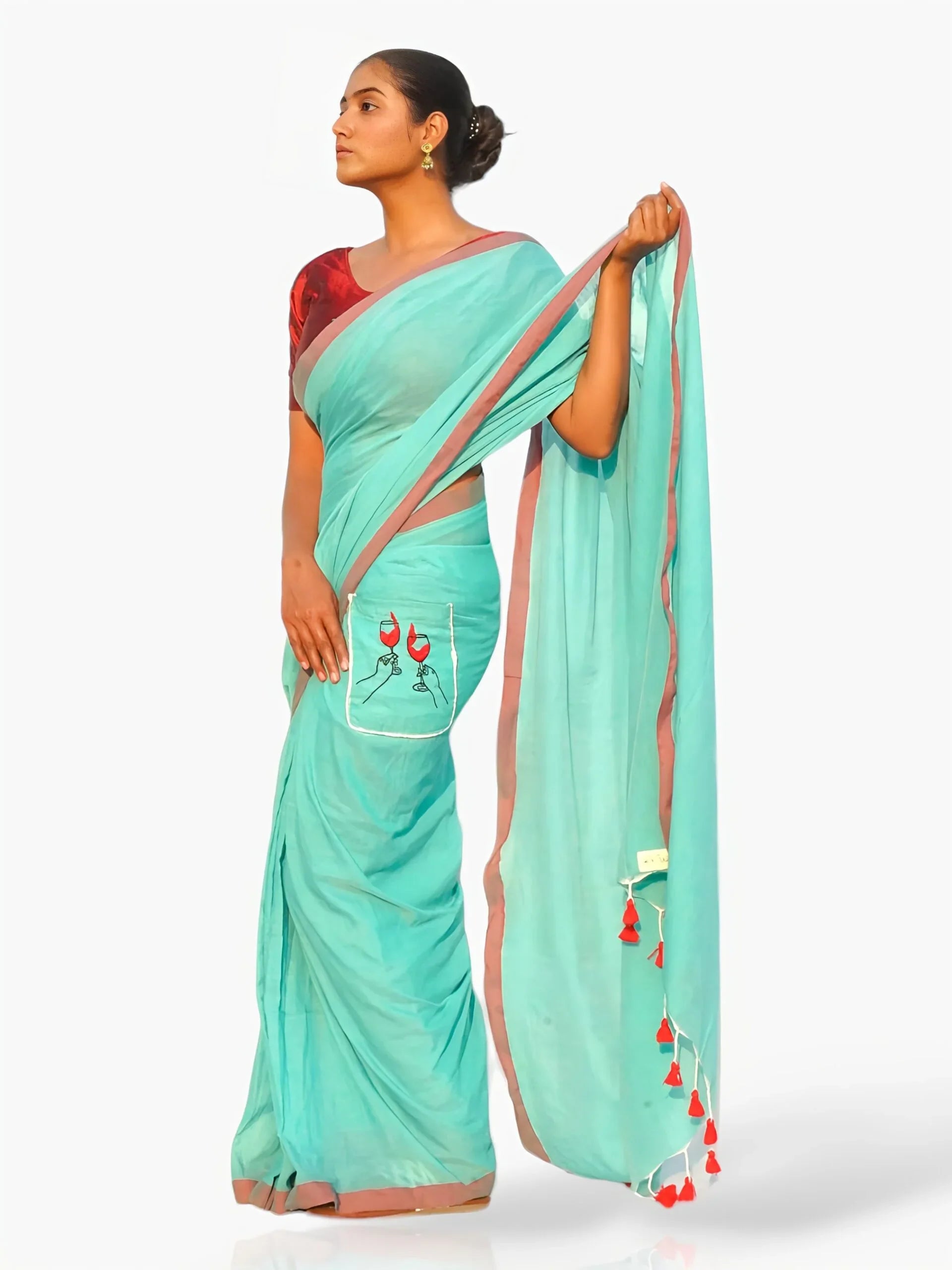 Cheers to Life – Ready to Wear Pocket Saree with Cheers Embroidery - Kozylook
