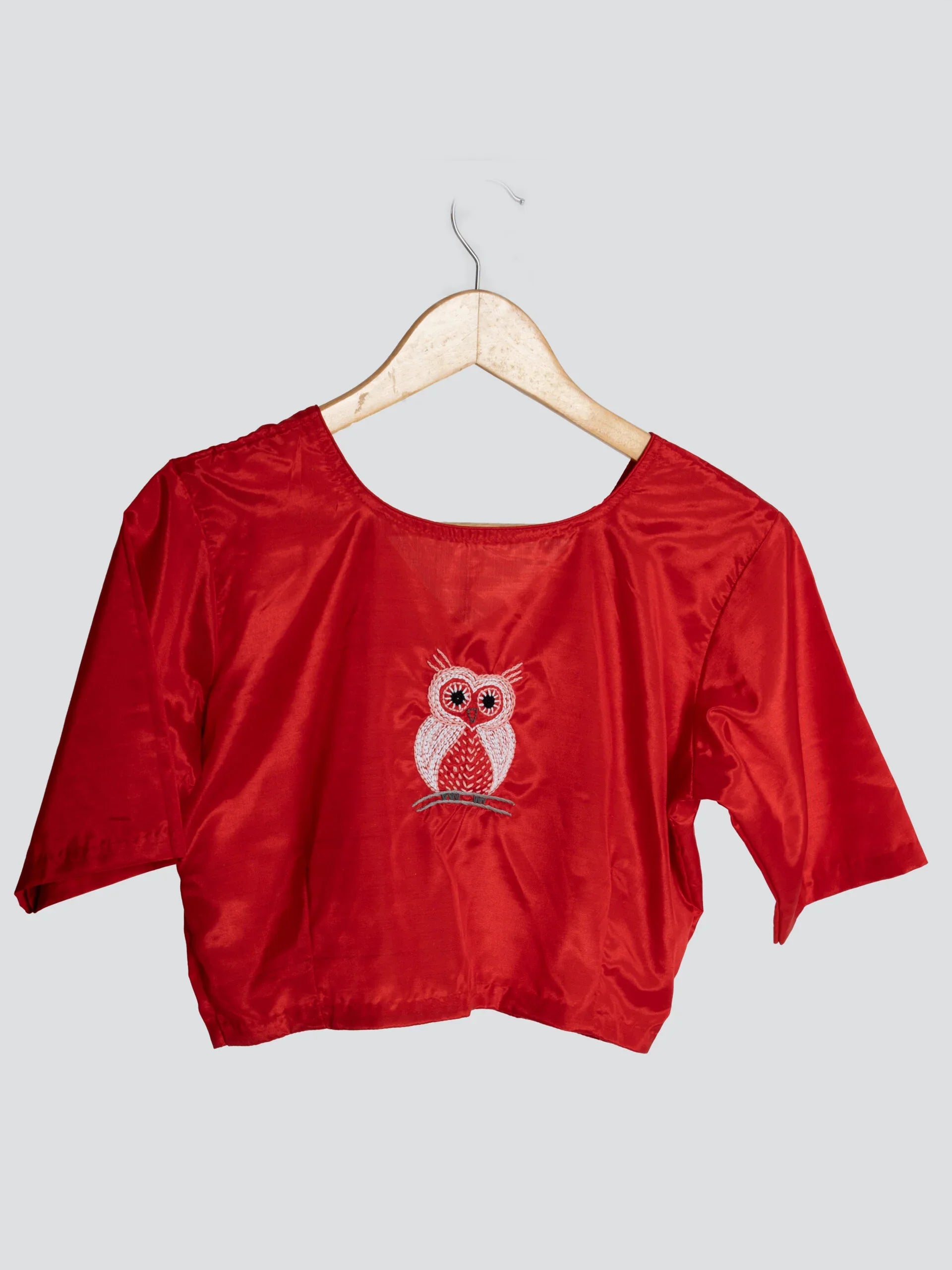 Chirpy Owl – Golden Cotton Silk Hand Embroidered Blouse (Non-Padded) - Kozylook