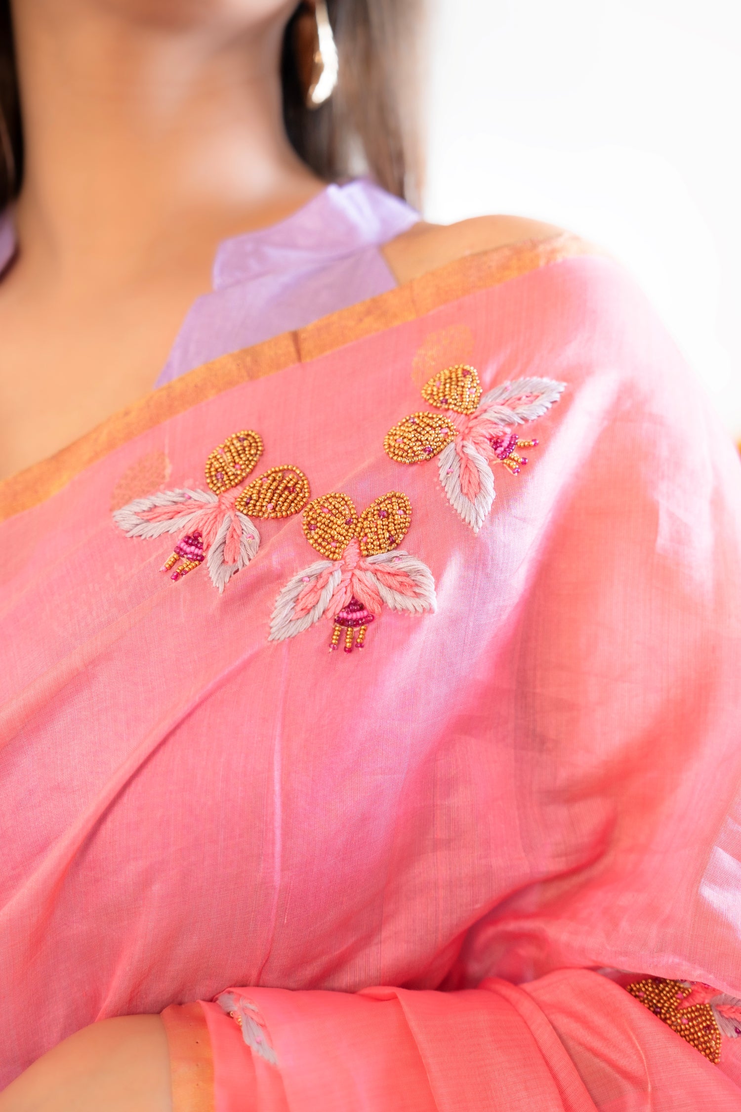 Butterfly Whispers – Chanderi Cotton Silk Saree with Sequin Butterfly Motifs - Kozylook