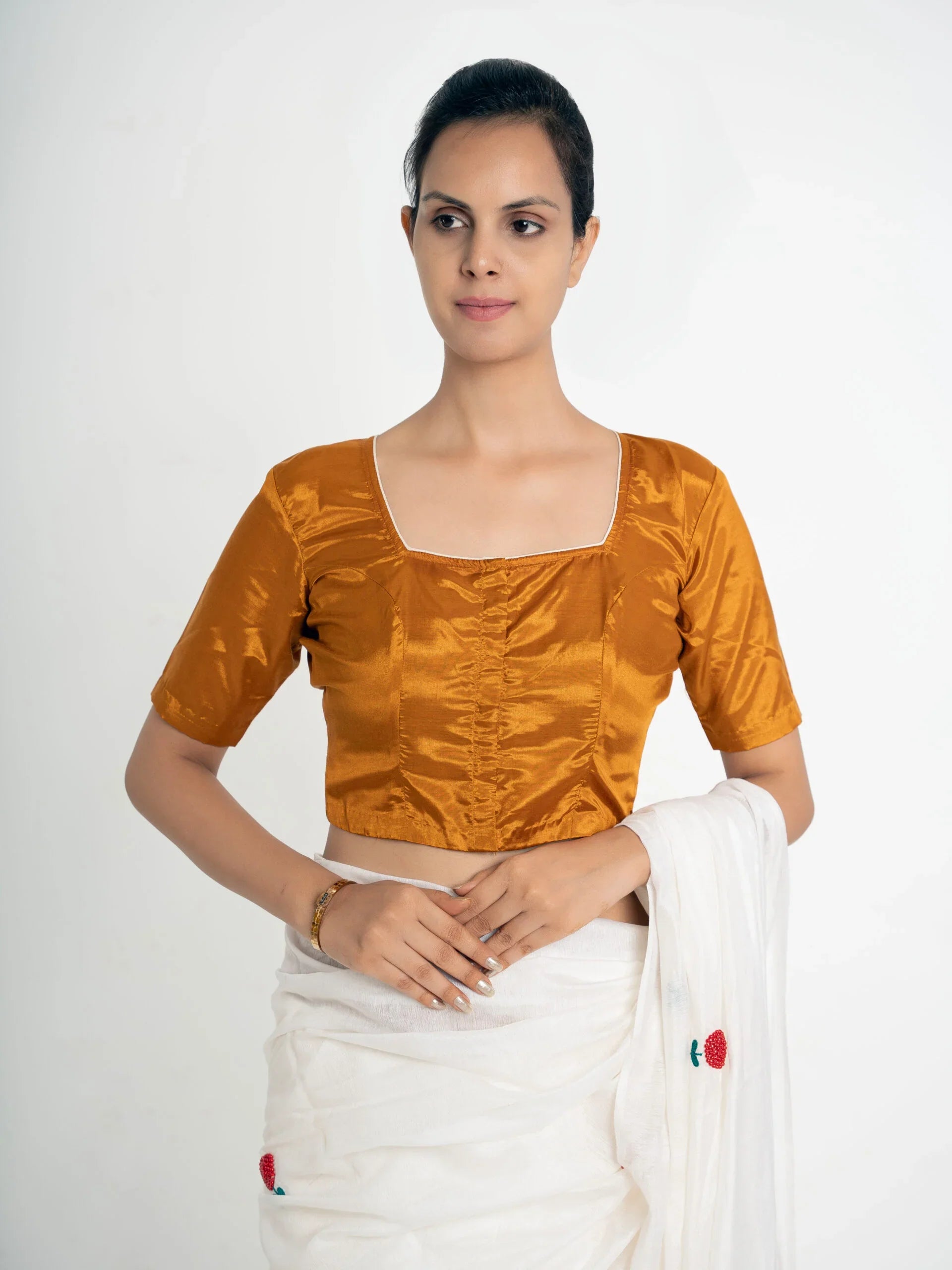 Chirpy Owl – Golden Cotton Silk Hand Embroidered Blouse (Non-Padded) - Kozylook