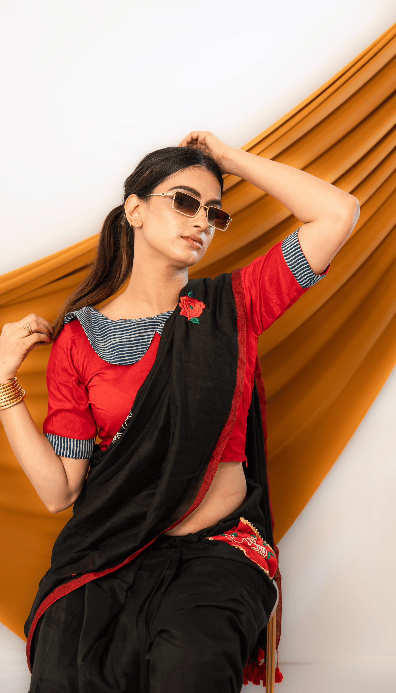 Rogue Bloom – Khadi Cotton Saree with Devil Skull & Red Rose Motifs - Kozylook