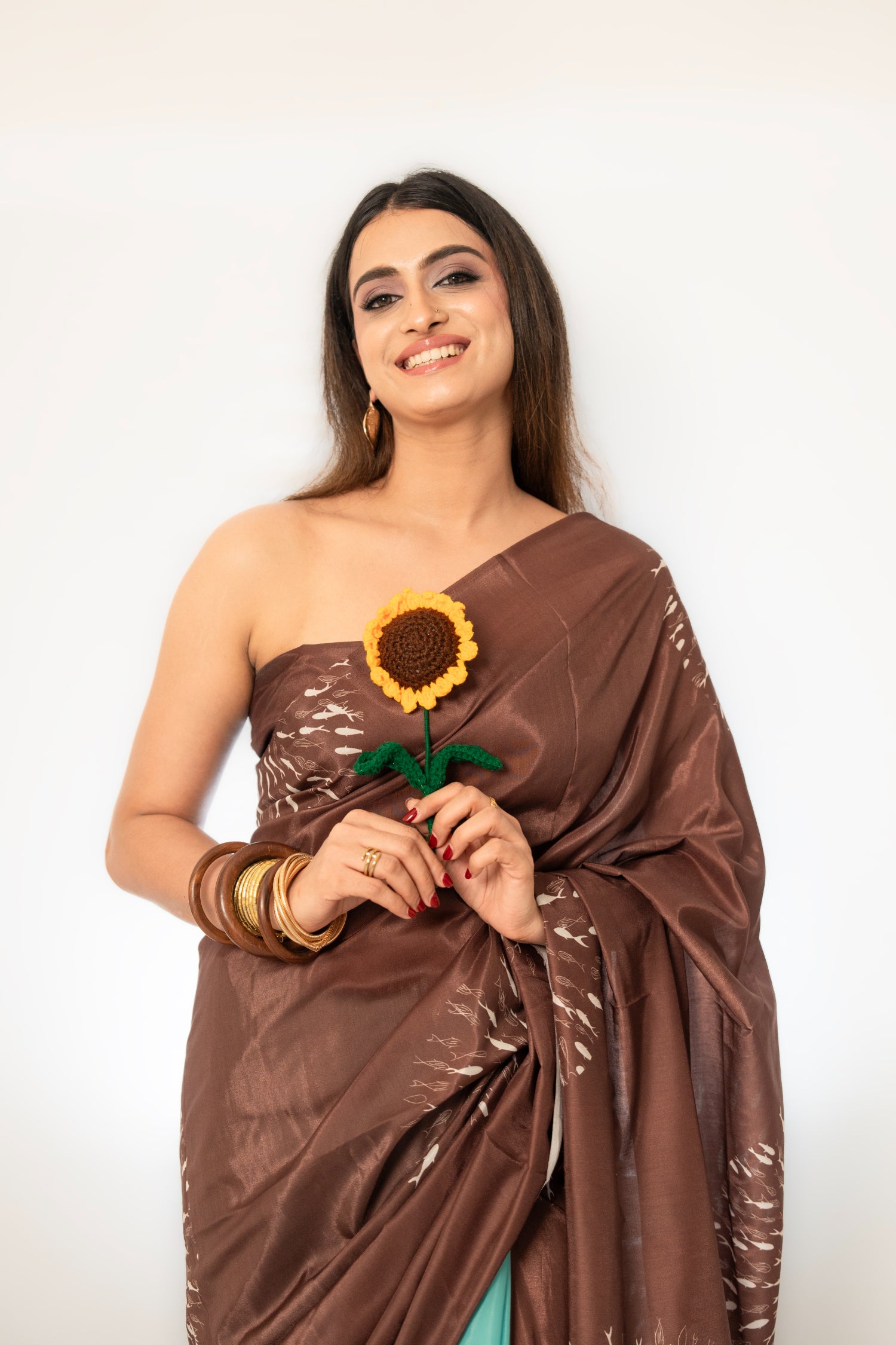 Matsya Mélange – Dark Chocolate Digital Print Cotton Silk Saree with Fish & Floral Motifs - Kozylook
