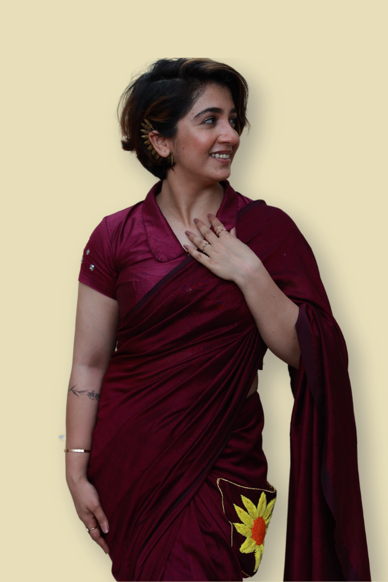 Sunflower Majesty – Ready to Wear Pocket Saree with Sunflower Embroidery - Kozylook