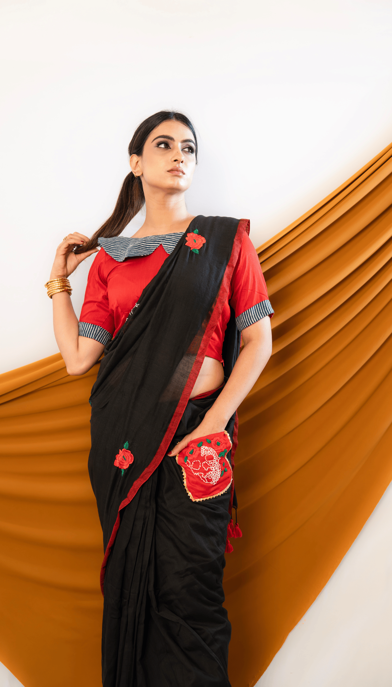 Rogue Bloom – Khadi Cotton Saree with Devil Skull & Red Rose Motifs - Kozylook