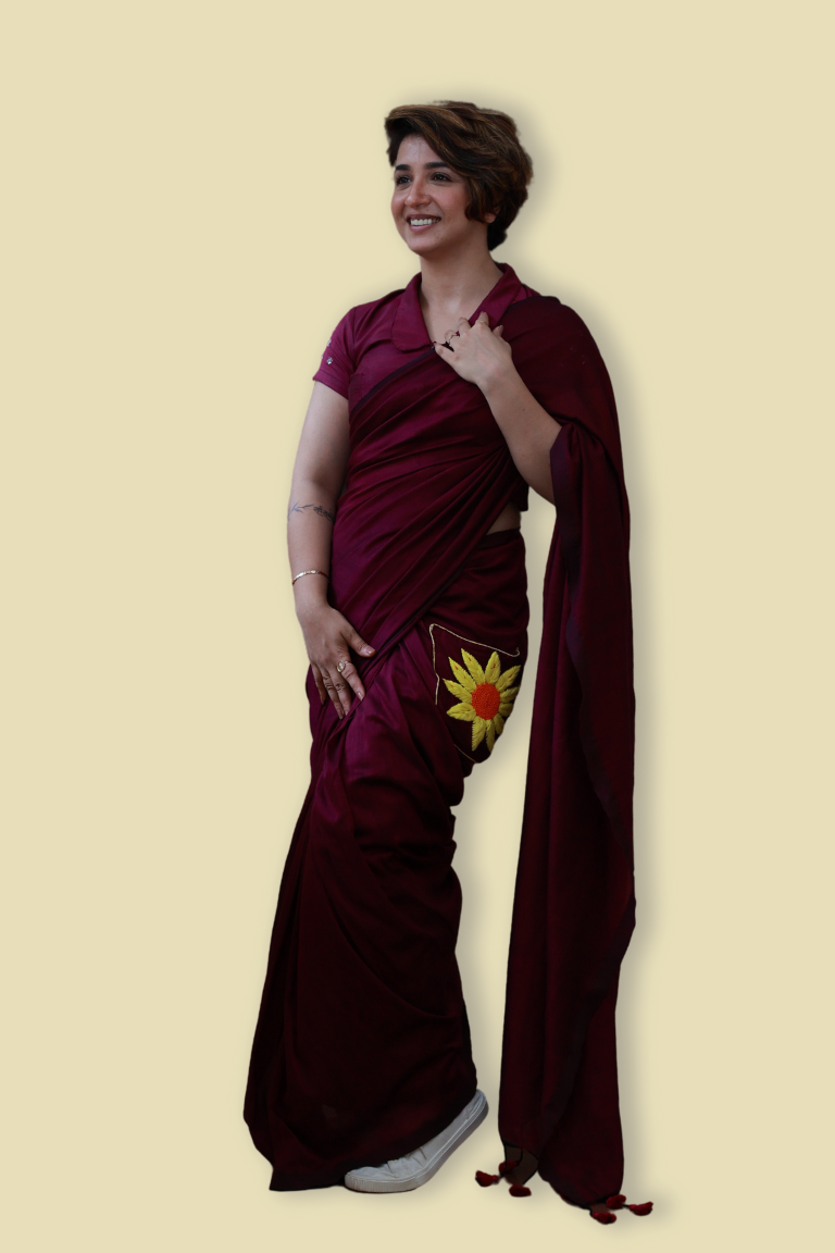 Sunflower Majesty – Ready to Wear Pocket Saree with Sunflower Embroidery - Kozylook