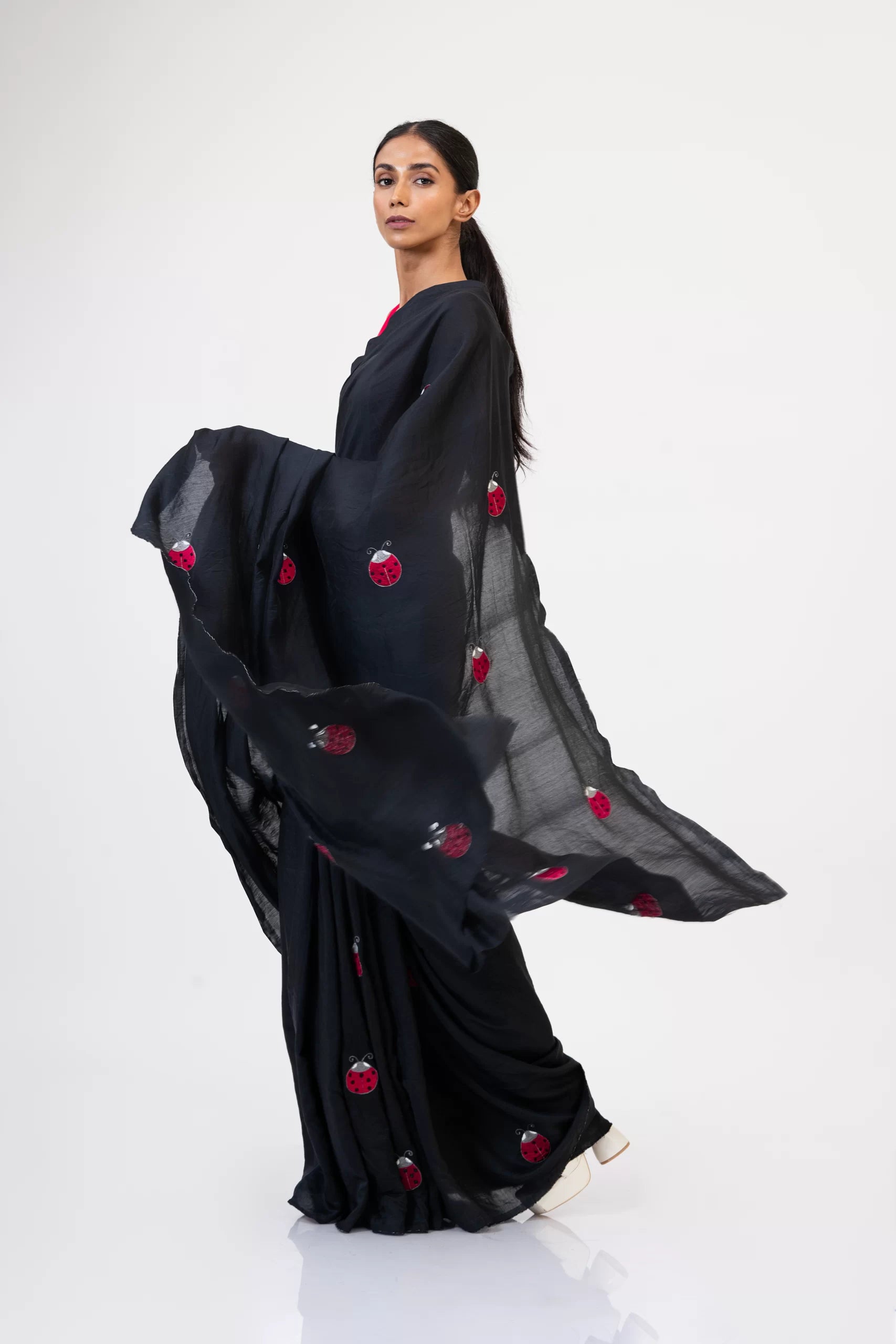 The Beetle Mania – Chanderi Silk Saree with Quirky Beetle Embroidery - Kozylook