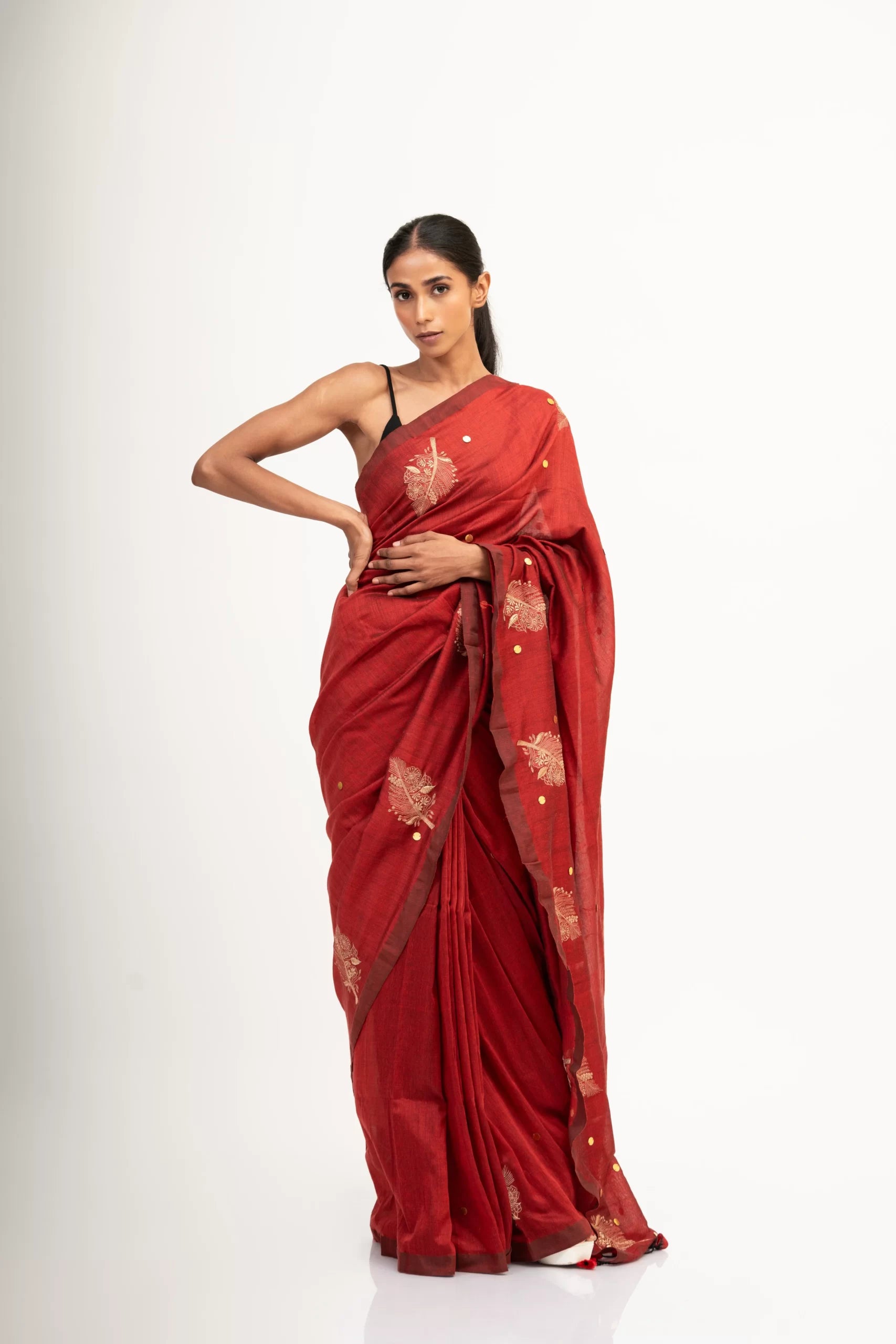 Merlot's Melody – Leaf Embroidered Linen Saree with Sequin Work - Kozylook