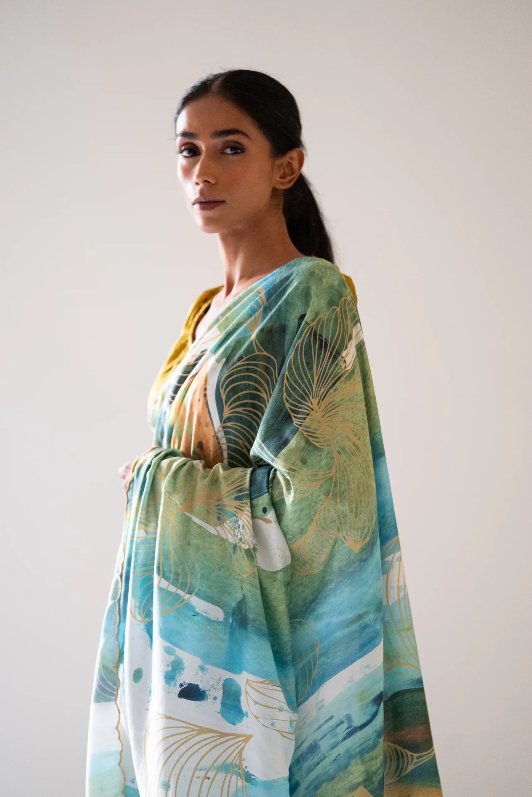 Drifting Clouds of Dreams – Cotton Silk Saree with Digital Print & Embroidered Edges - Kozylook