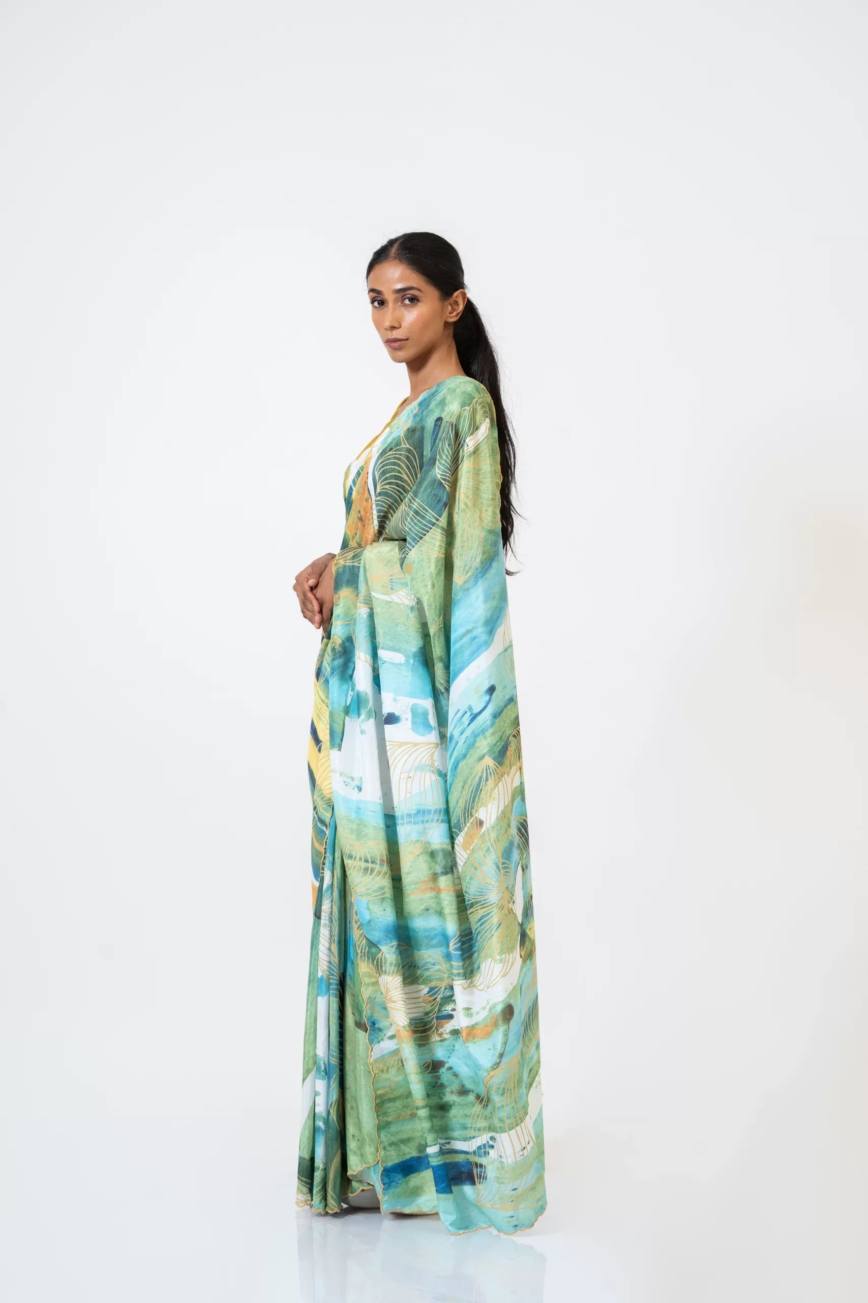 Drifting Clouds of Dreams – Cotton Silk Saree with Digital Print & Embroidered Edges - Kozylook