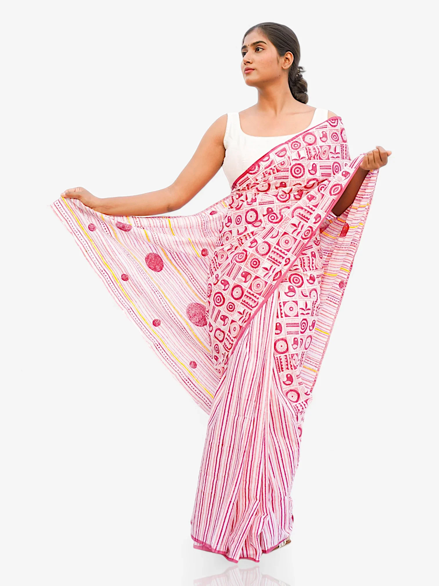 Fusion Fiesta – Quirky Blend Block Print Mul Cotton Saree - Kozylook
