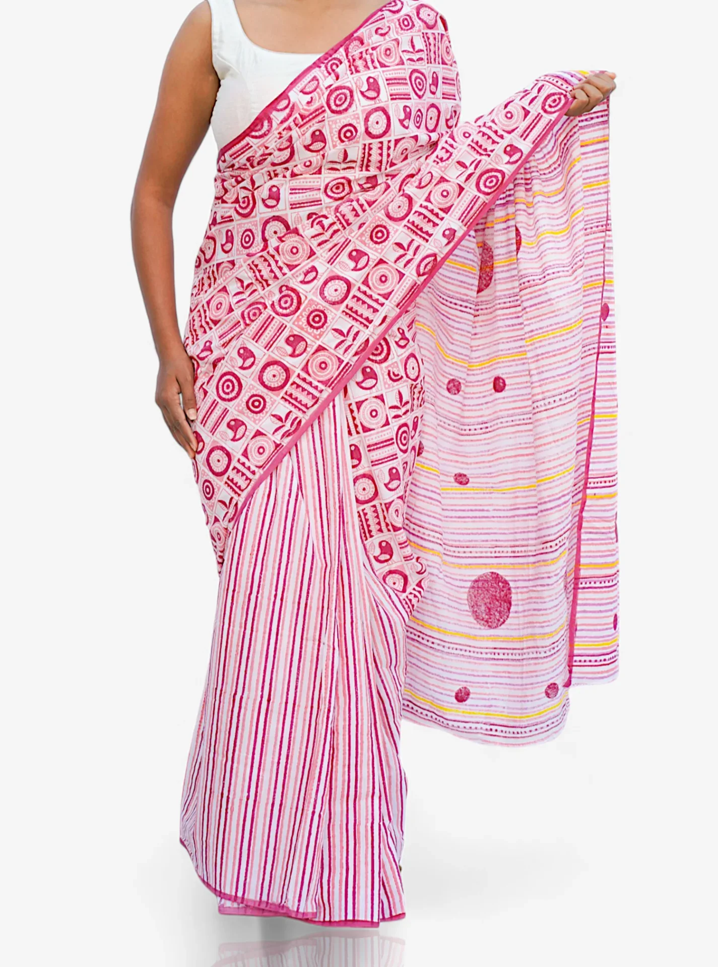 Fusion Fiesta – Quirky Blend Block Print Mul Cotton Saree - Kozylook