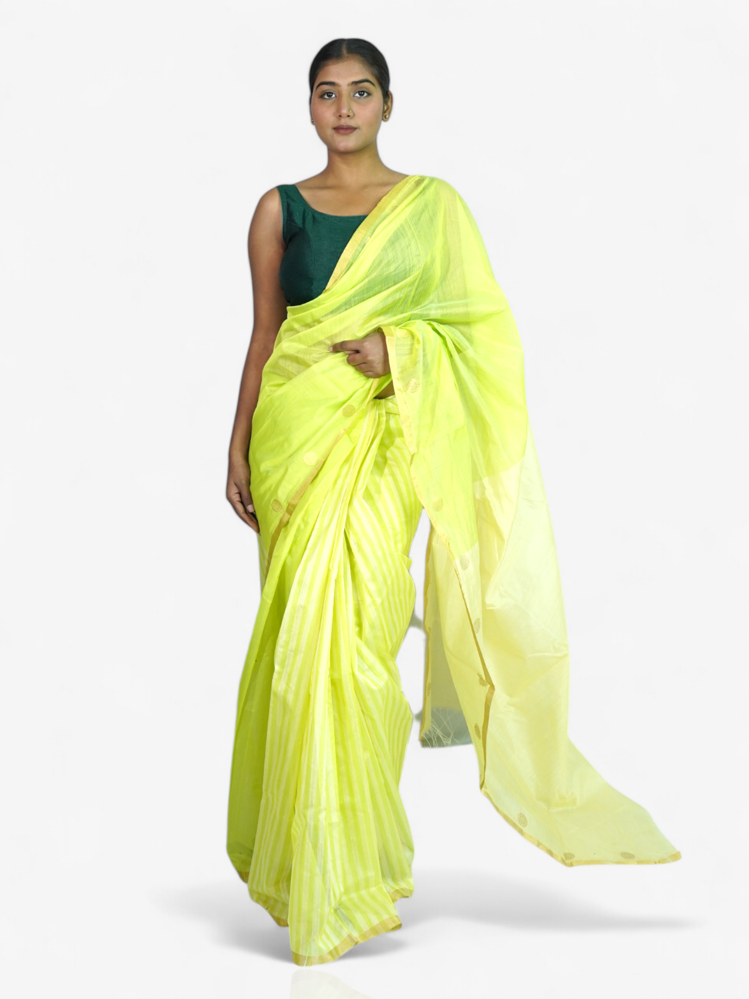 Lime Glow – Chanderi Cotton Silk Saree with Stripes in Lemon Yellow - Kozylook
