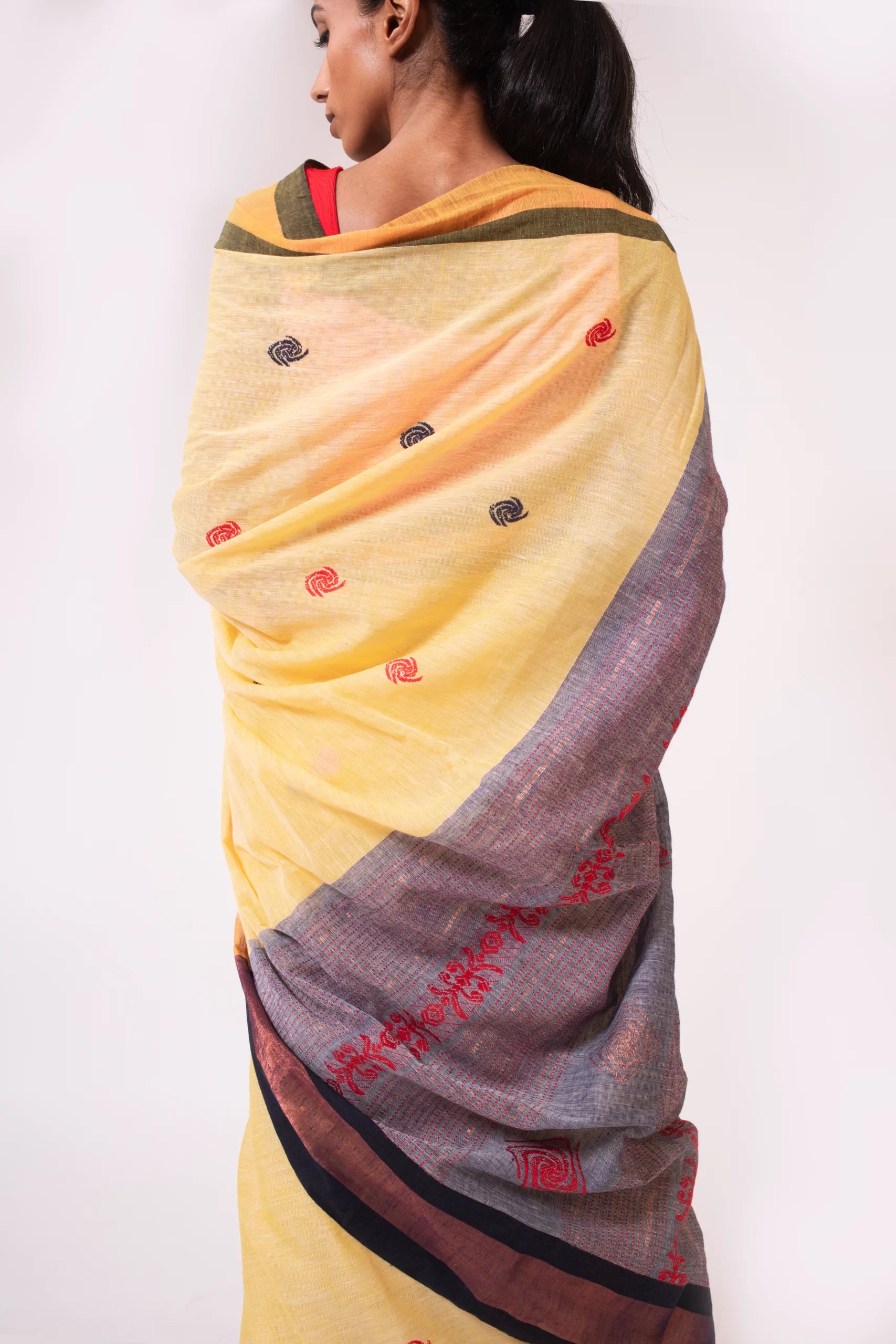 Little Yellow Blanket – Handwoven Jamdani Saree with Minimalist Design - Kozylook