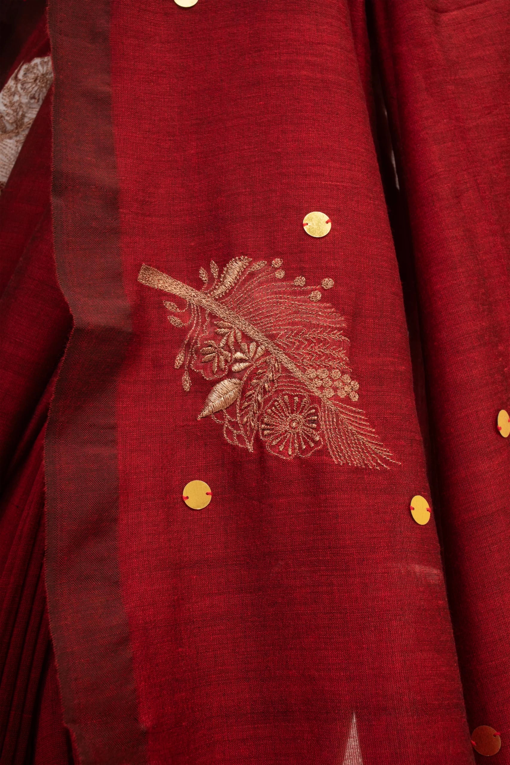 Merlot's Melody – Leaf Embroidered Linen Saree with Sequin Work - Kozylook