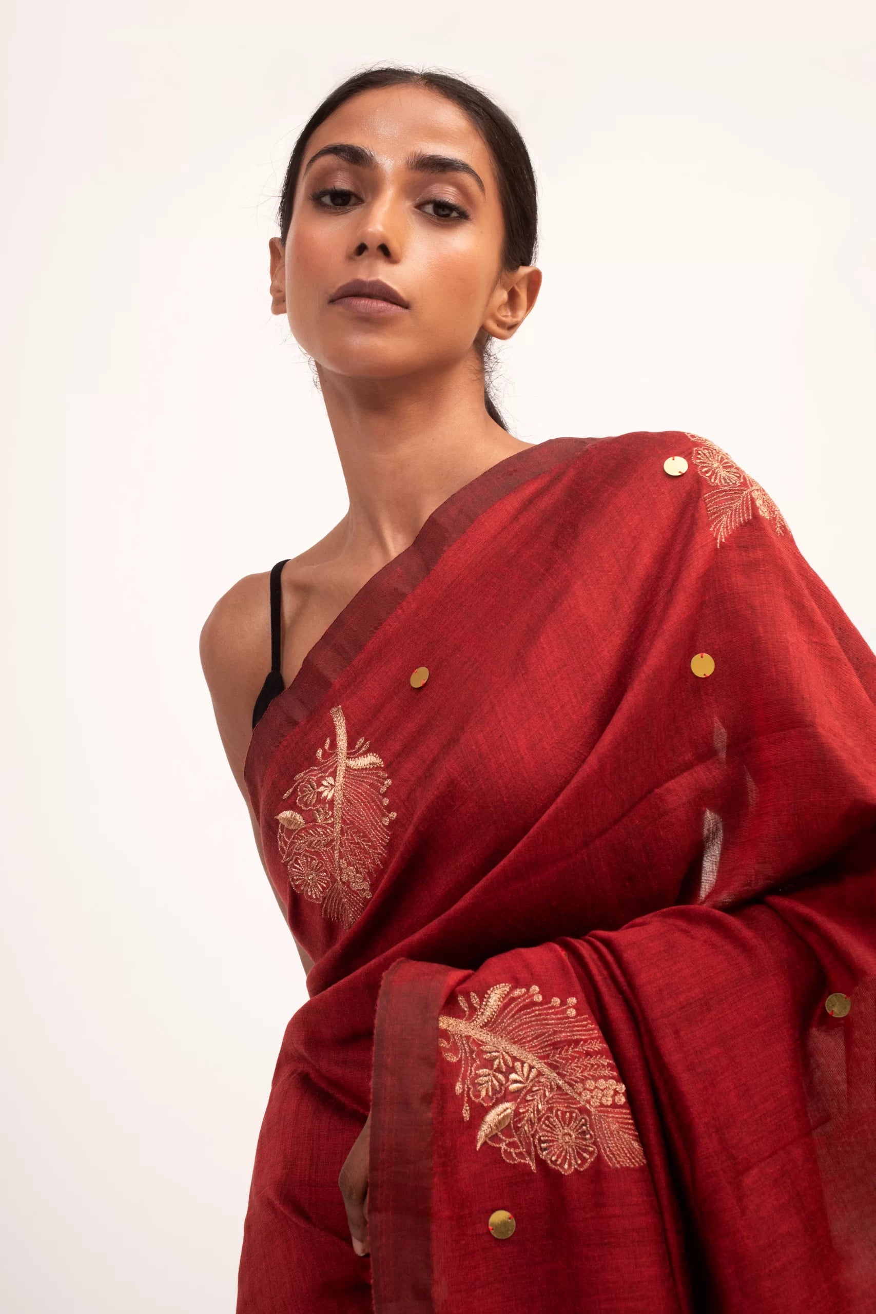 Merlot's Melody – Leaf Embroidered Linen Saree with Sequin Work - Kozylook