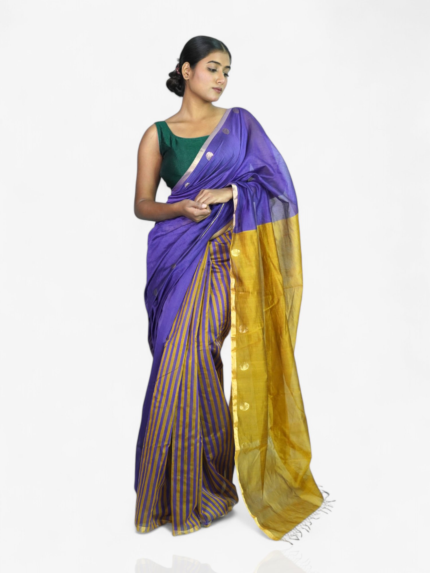 Orchid Glow – Chanderi Cotton Silk Saree with Stripes & Dot Detailing - Kozylook