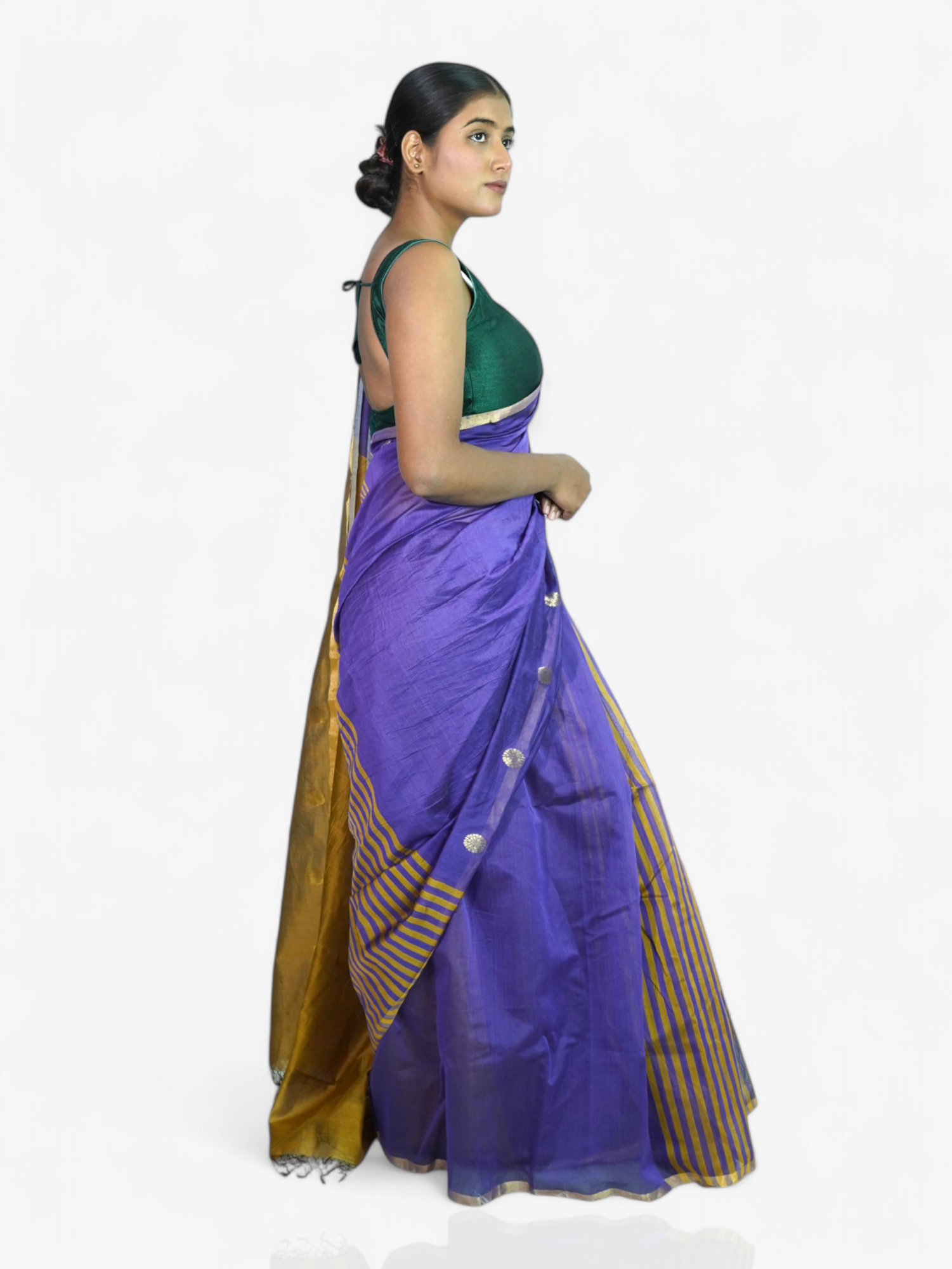 Orchid Glow – Chanderi Cotton Silk Saree with Stripes & Dot Detailing - Kozylook