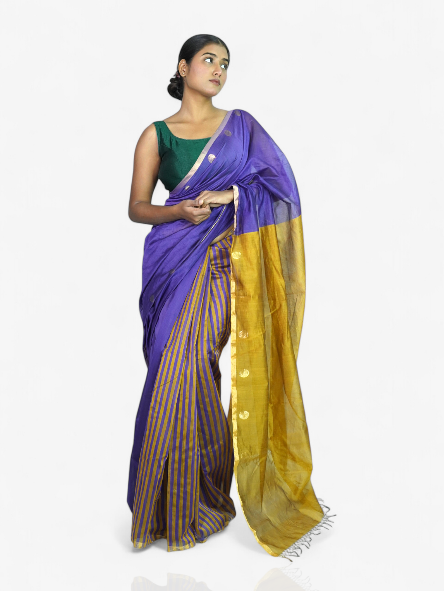 Orchid Glow – Chanderi Cotton Silk Saree with Stripes & Dot Detailing - Kozylook