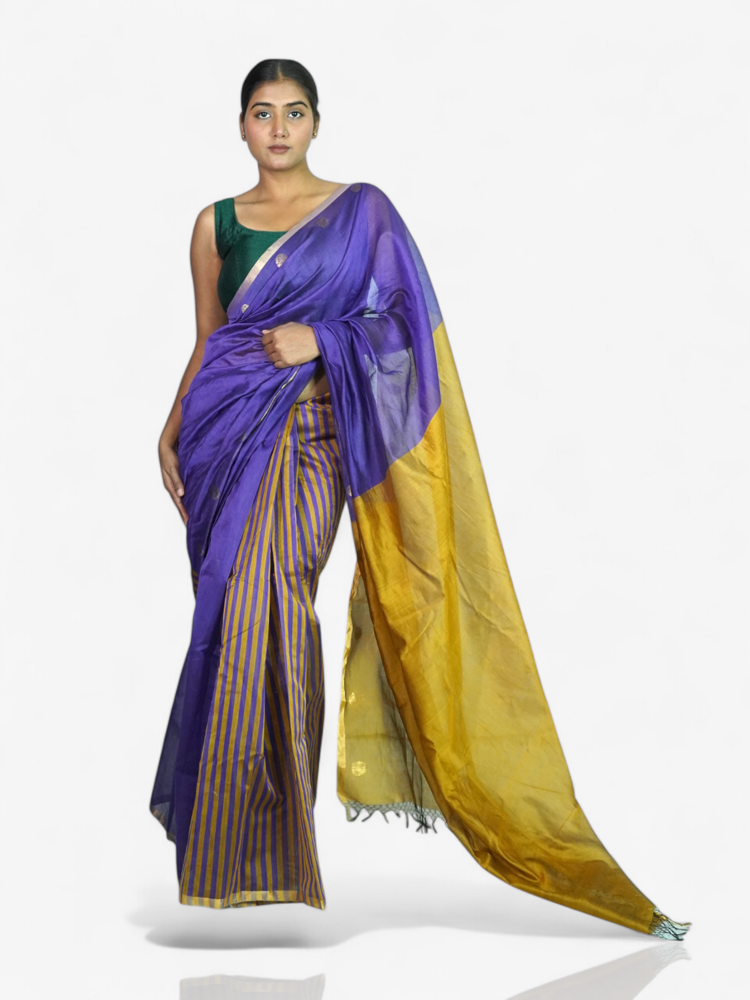 Orchid Glow – Chanderi Cotton Silk Saree with Stripes & Dot Detailing - Kozylook