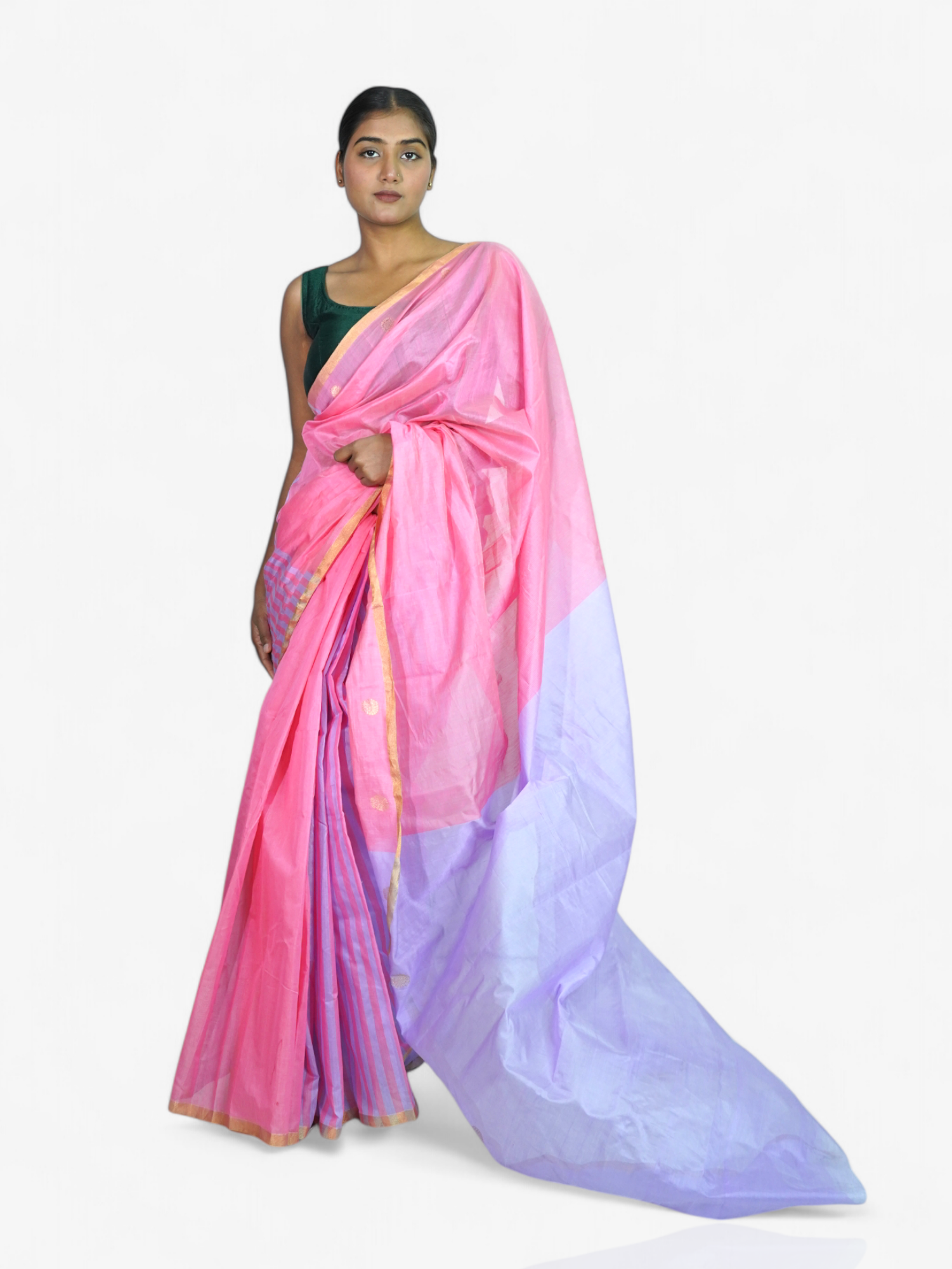 Rosy Twilight – Chanderi Cotton Silk Saree with Stripes in Mauve & Pink - Kozylook