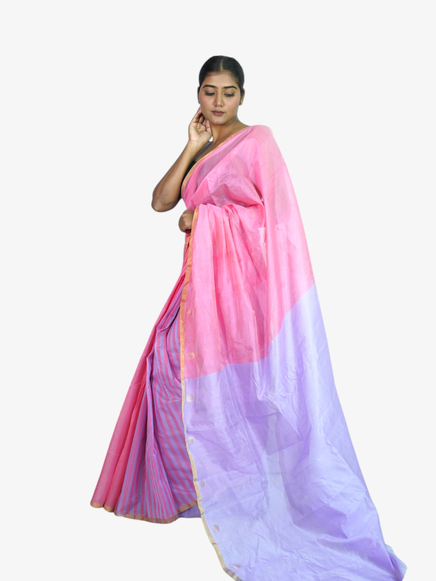 Rosy Twilight – Chanderi Cotton Silk Saree with Stripes in Mauve & Pink - Kozylook