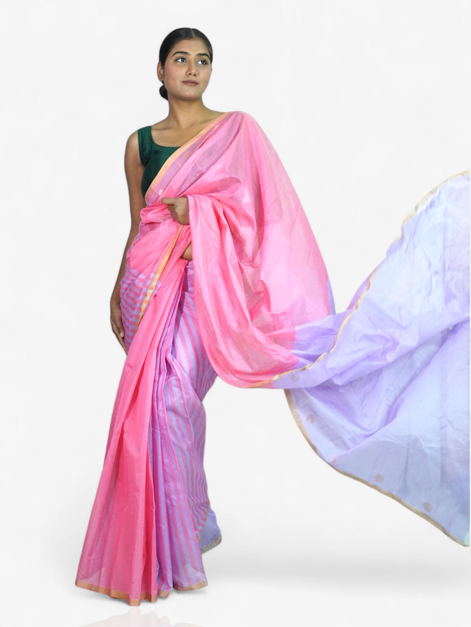 Rosy Twilight – Chanderi Cotton Silk Saree with Stripes in Mauve & Pink - Kozylook
