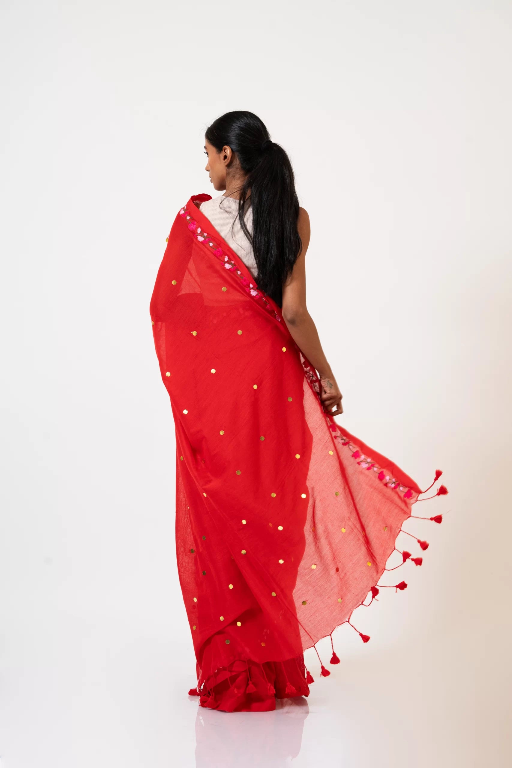 Wrapped In Red – Handwoven Linen Saree with Floral Embroidery - Kozylook