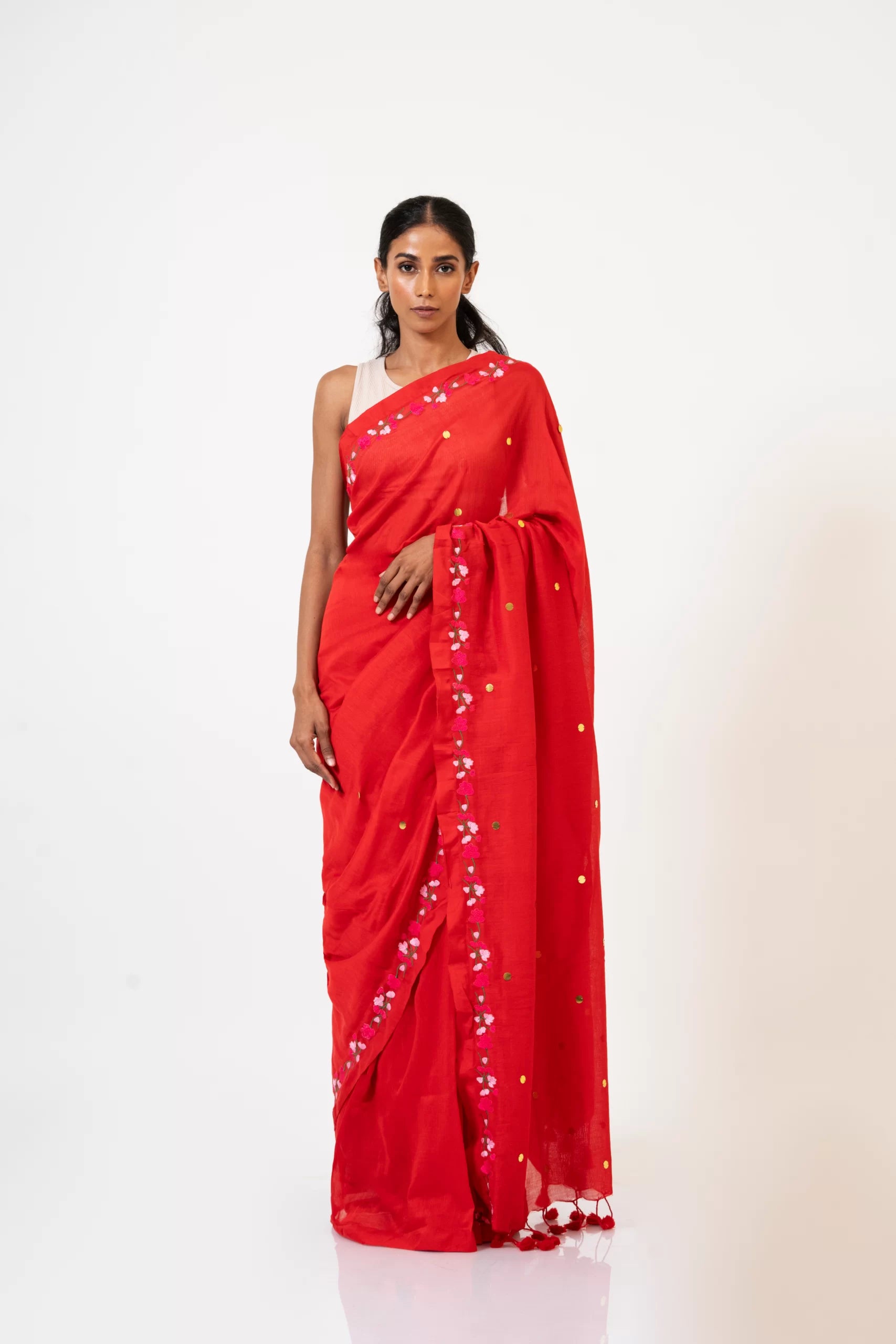 Wrapped In Red – Handwoven Linen Saree with Floral Embroidery - Kozylook