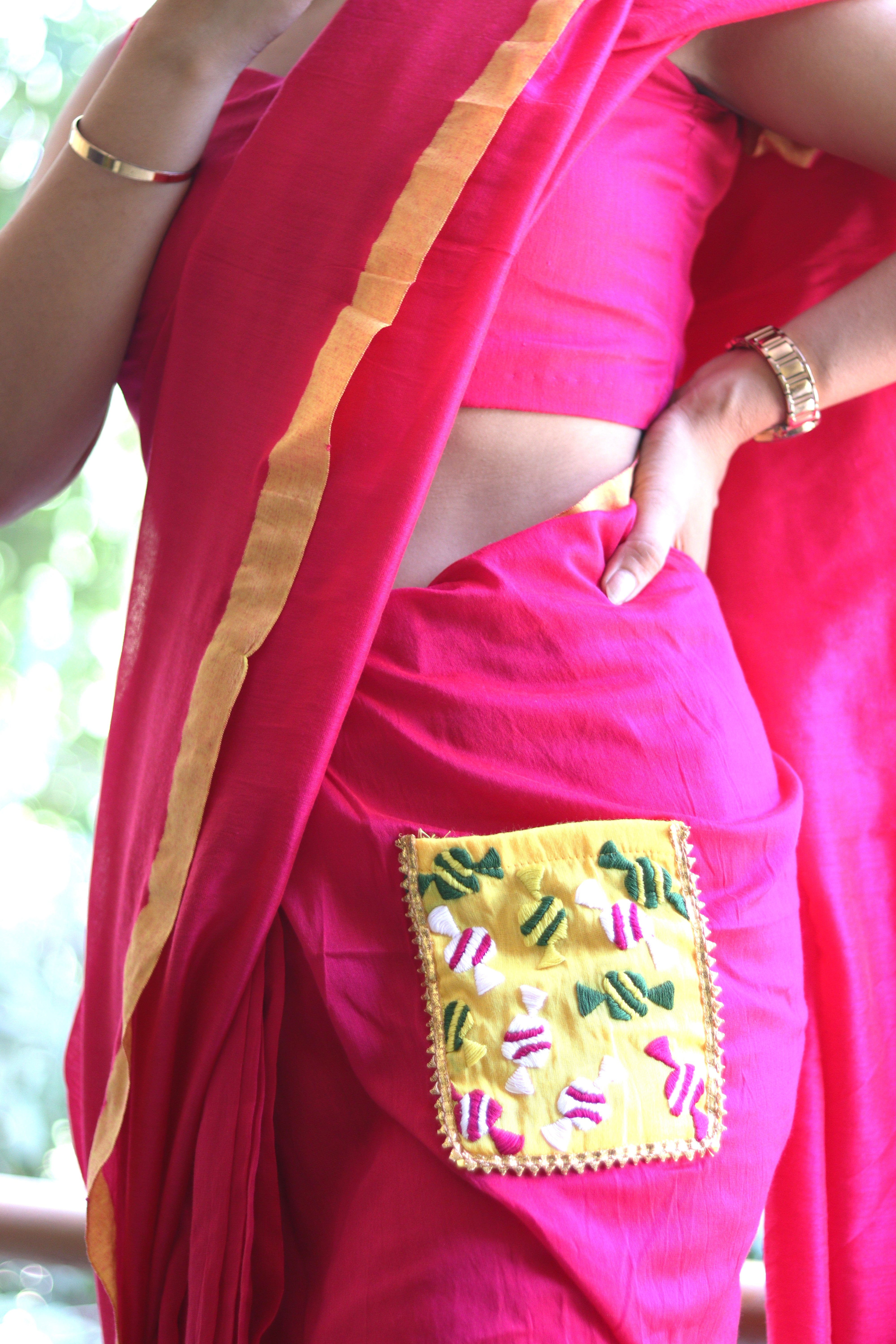 Candy Crush – Ready-to-Wear Pocket Saree with Candy Embroidery - Kozylook