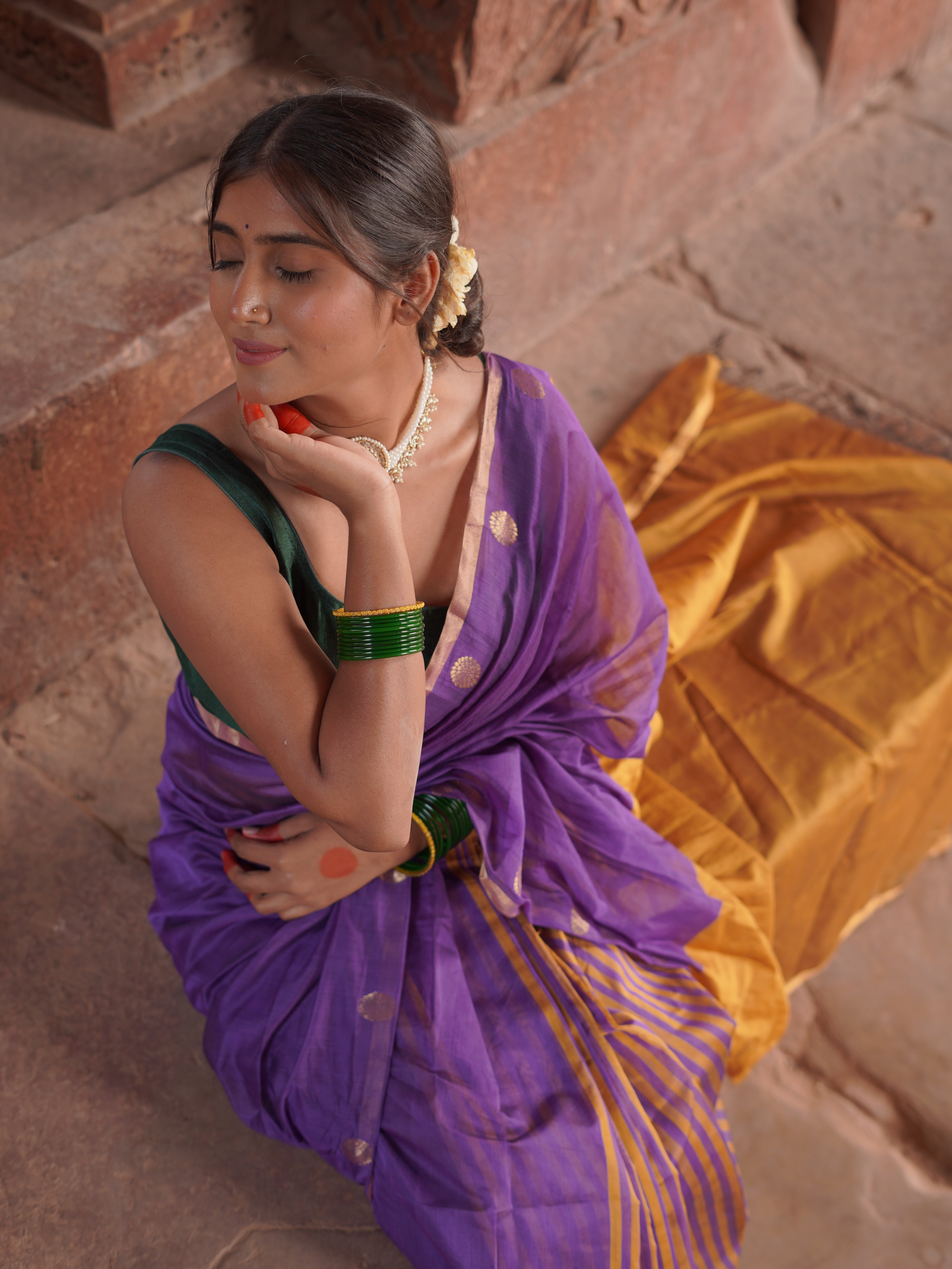 Orchid Glow – Chanderi Cotton Silk Saree with Stripes & Dot Detailing - Kozylook