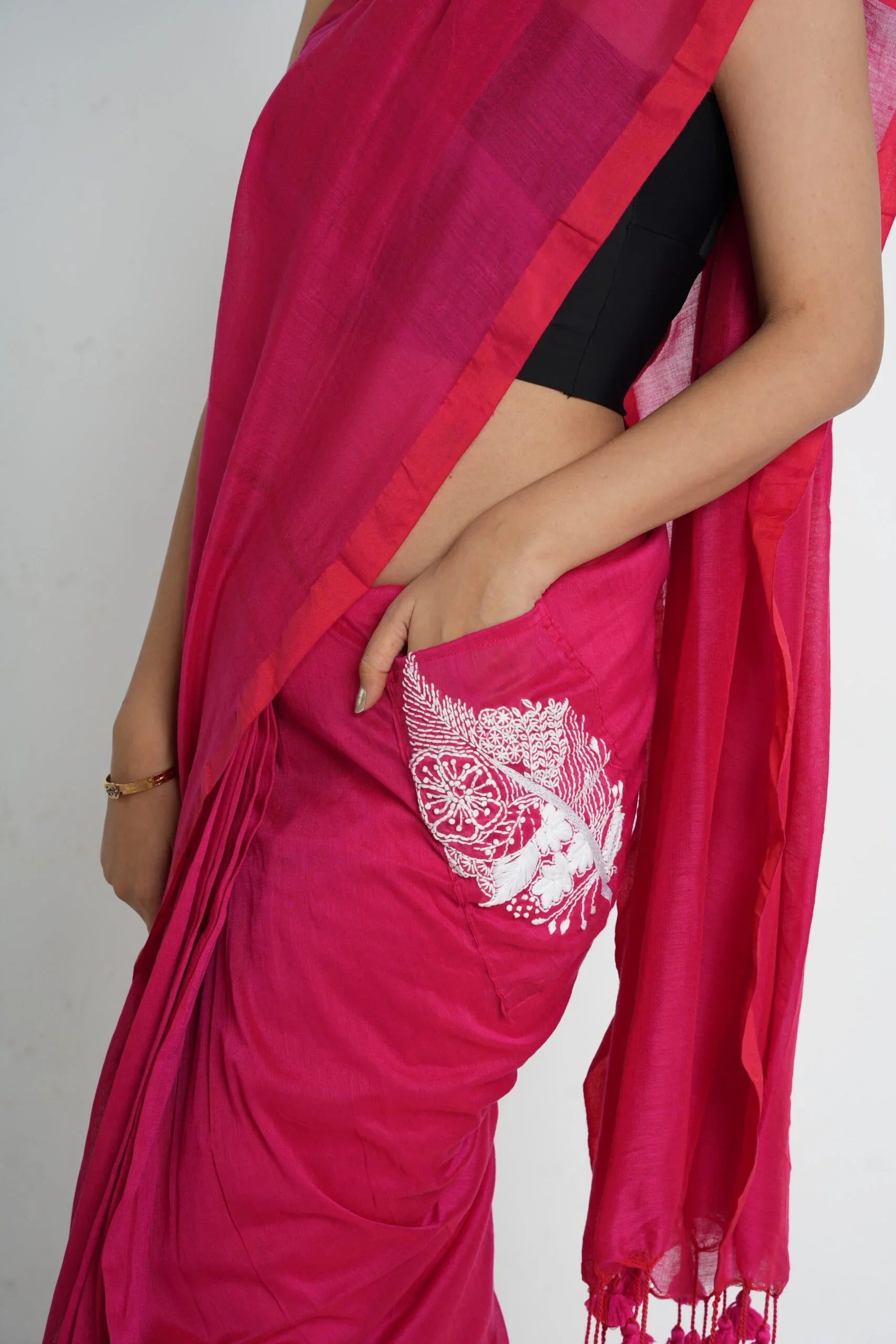 Beauty Beholds – Pre-Stitched Linen Saree with Leafy Pocket & Sequin Embroidery - Kozylook